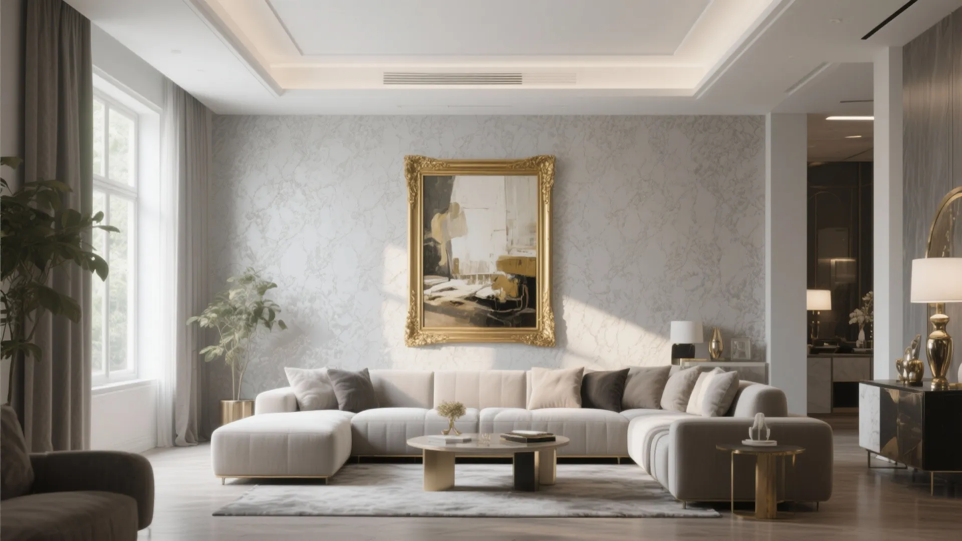 2. Textured Gray Walls with Gold Framed Art