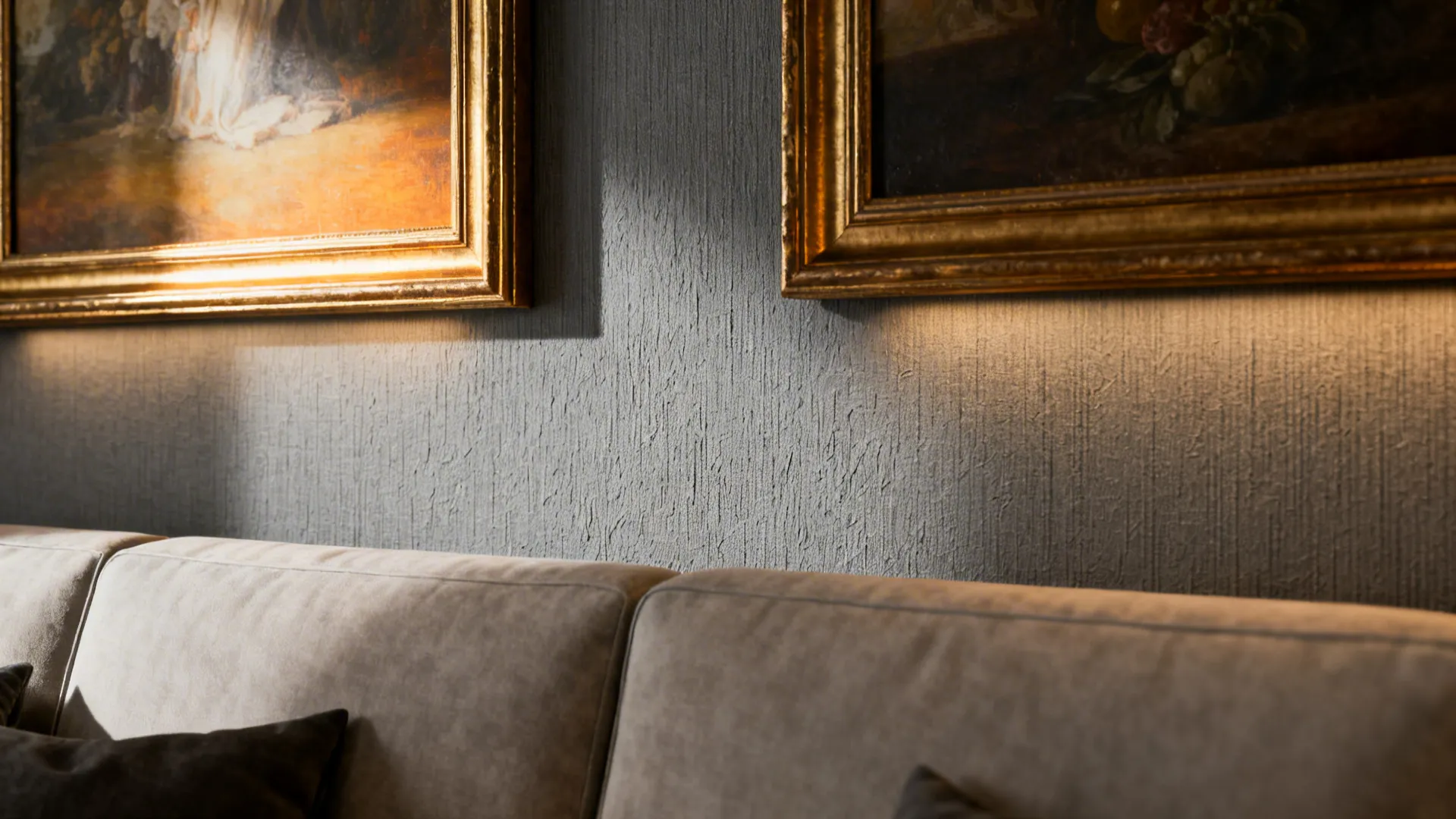 Textured gray accent wall with gold-framed artwork behind a sofa