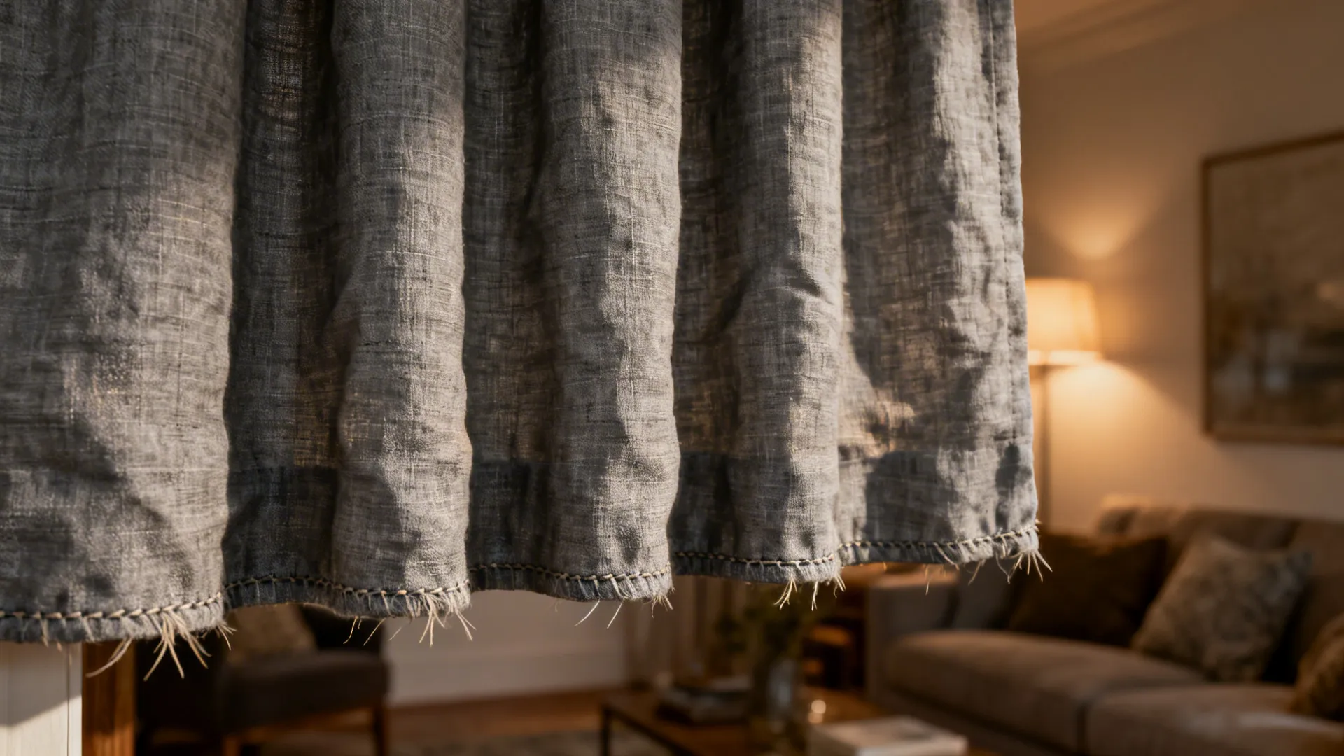 A textured grey curtain hanging in a living room with a sofa and floor lamp