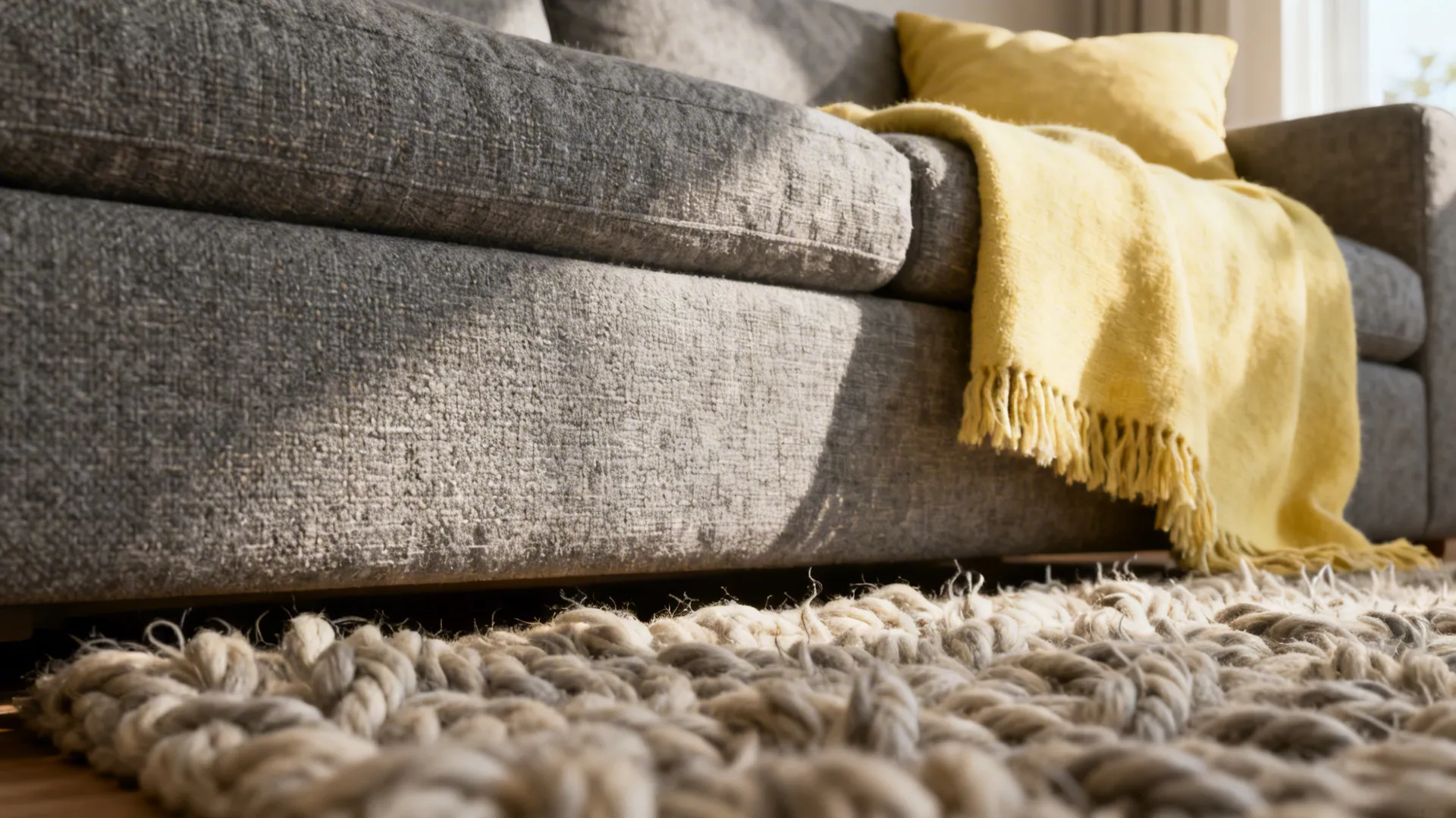 Close-up of gray sofa texture, wool rug fibers and a pale yellow throw.