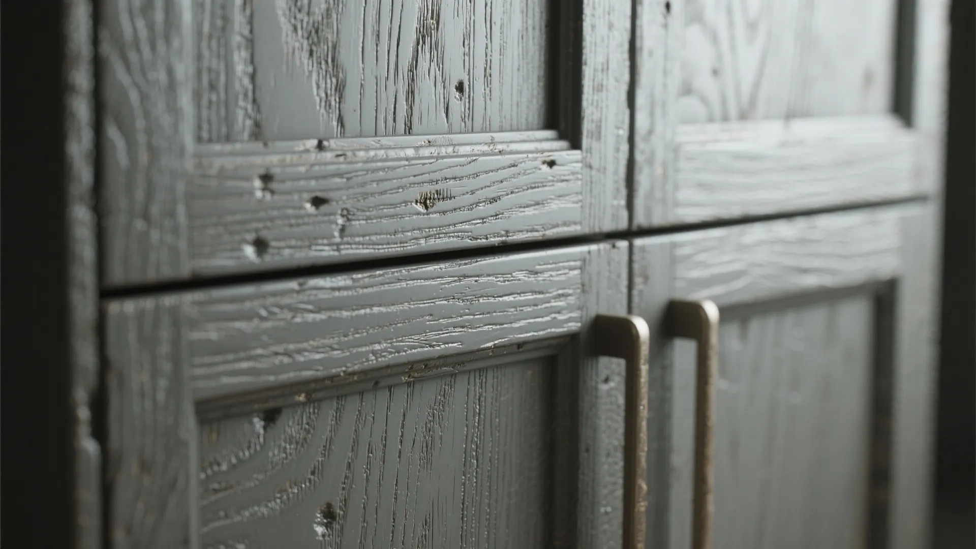 Close up of dark gray wooden cabinet doors showing natural wood grain texture and metal handles