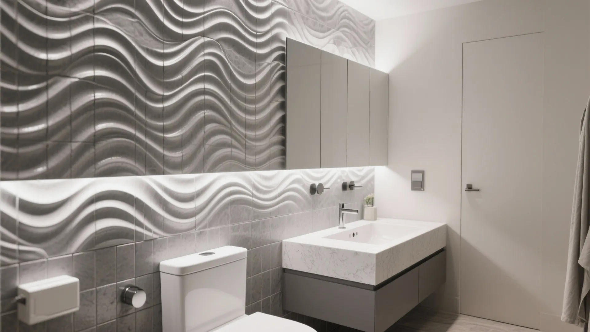 Modern bathroom with wave pattern wall panel white sink gray cabinet toilet and large wall mirror