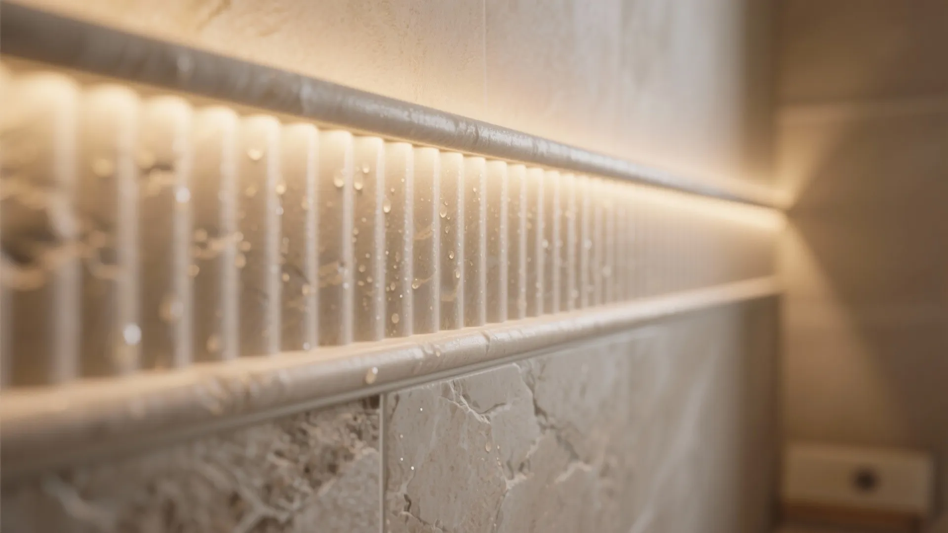 Close up of stone wall panel with integrated light fixture water droplets and warm effect