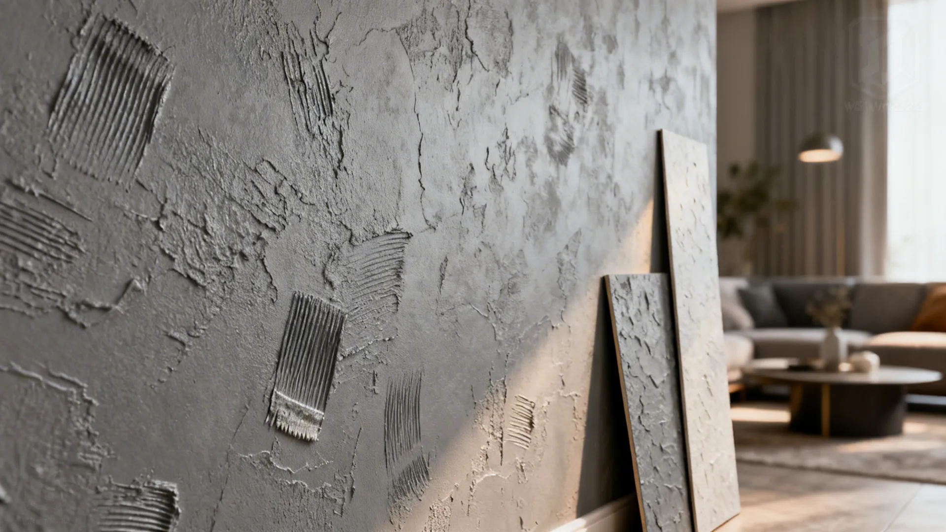 Close-up of a textured grey plaster accent wall with visible trowel marks.