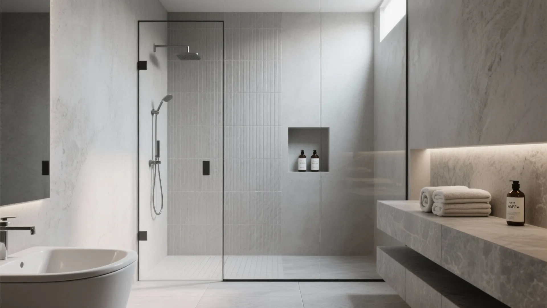 Textured Grey Tiles: Stone, Microcement, and Ribbed Details