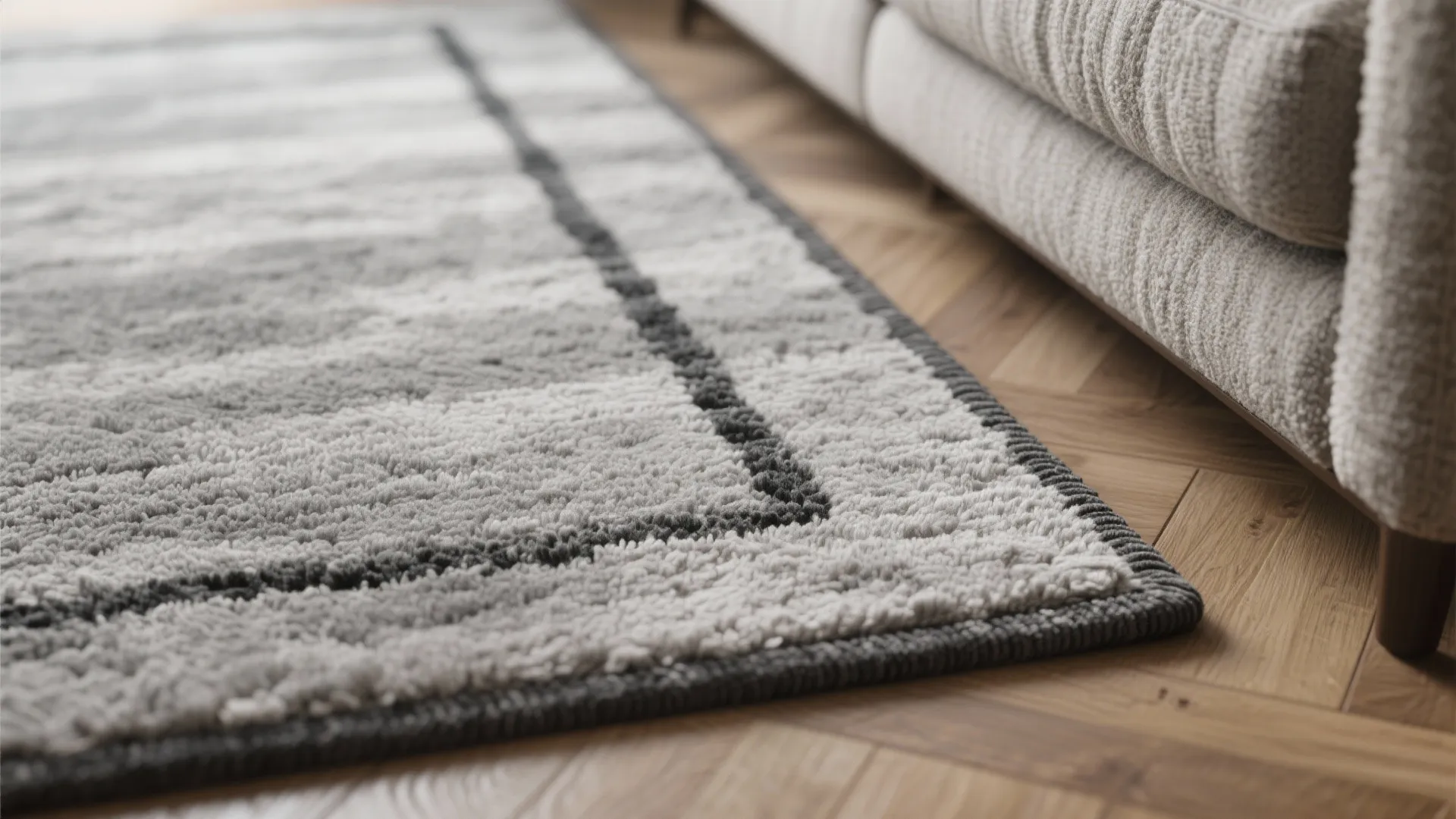 Close up of textured grey rug with black border next to sofa on light wood flooring
