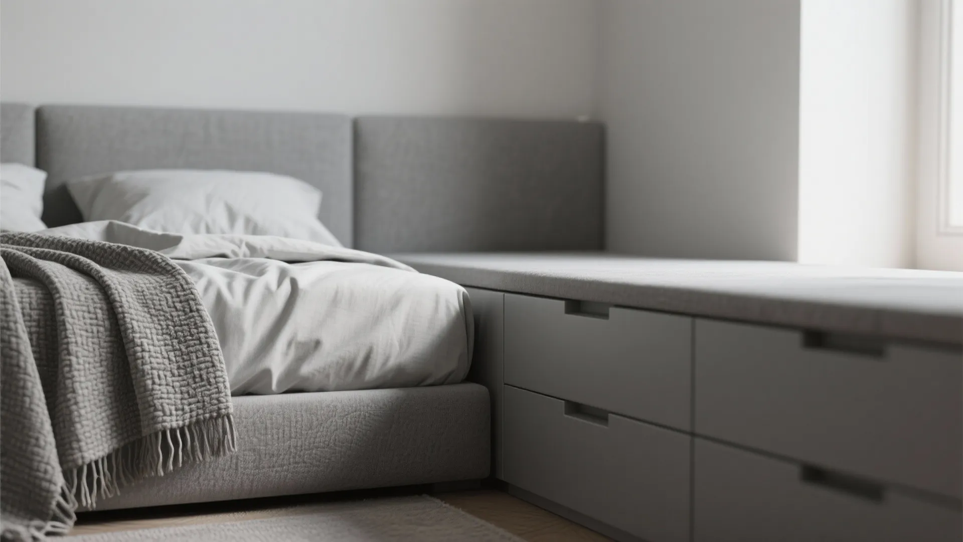 Close view of grey bed with textured blanket next to a grey storage cabinet unit