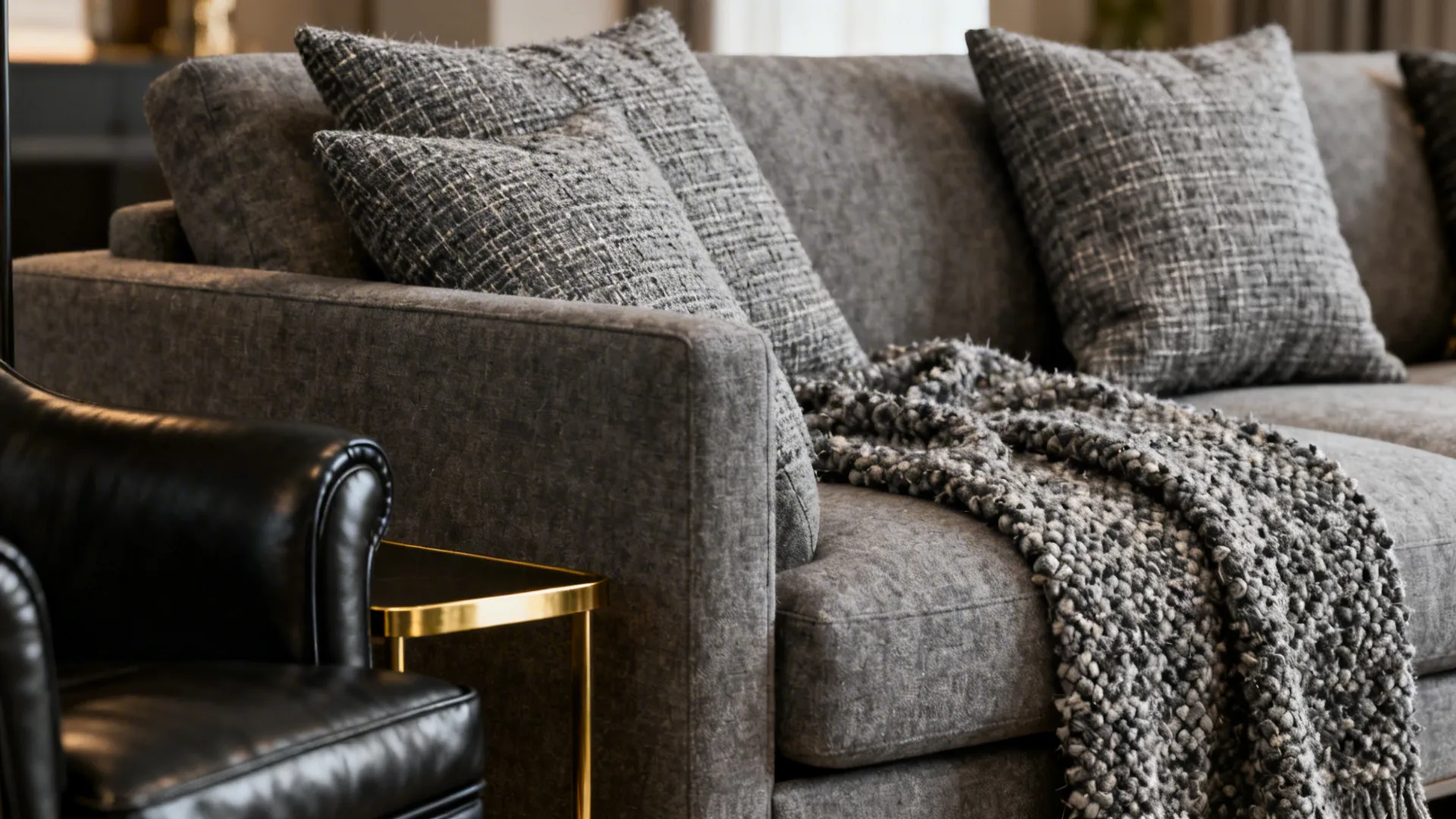 Boucle and tweed cushions next to a black leather armchair with gold-trim side table