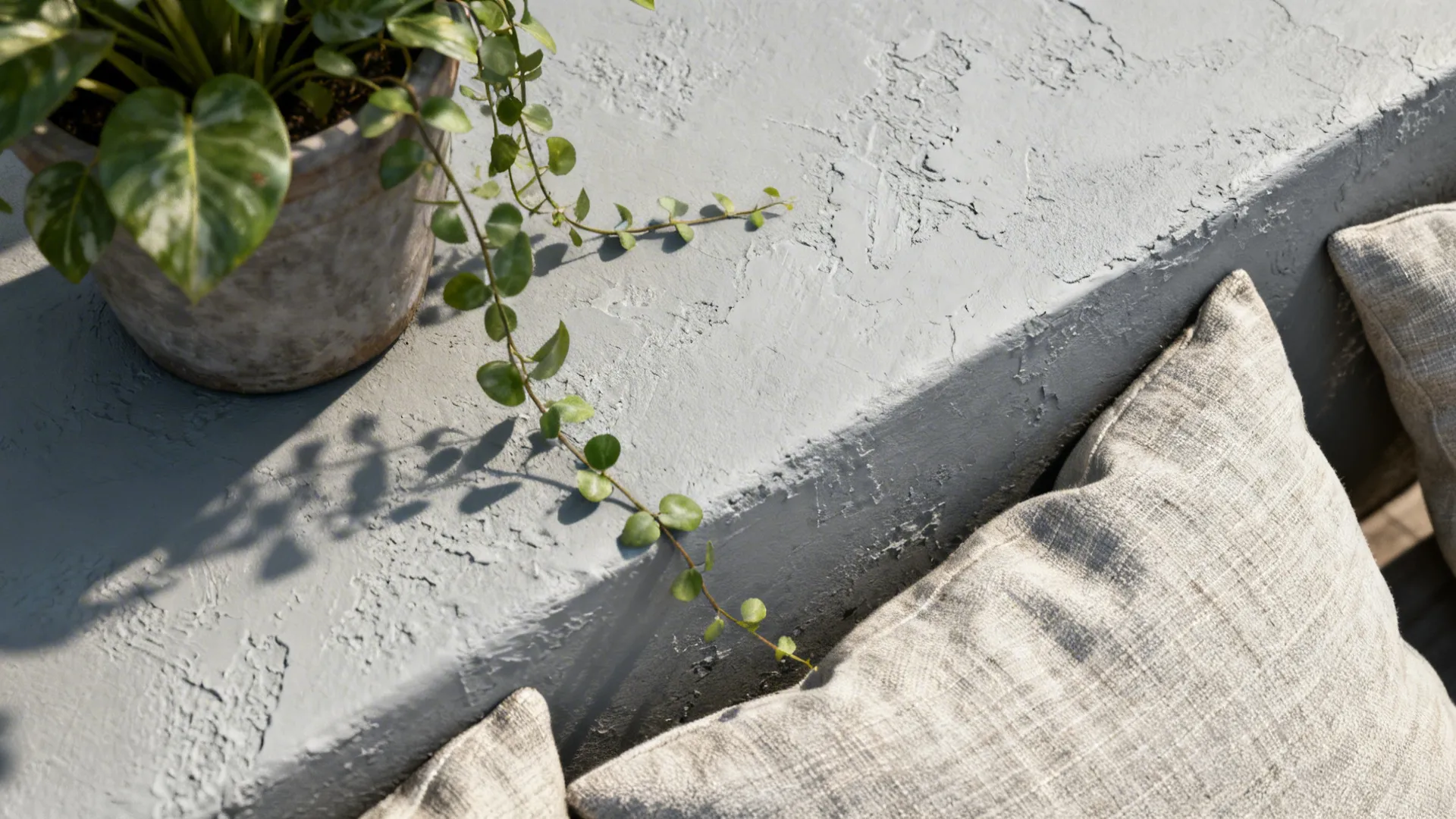 Close-up of textured grey wall with linen cushions and a trailing green plant creating a calm oasis.