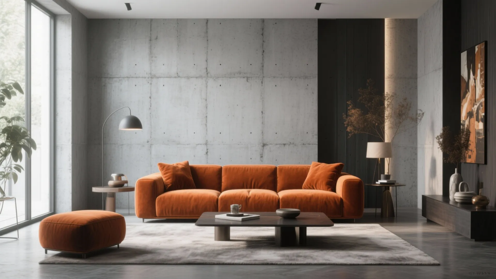 2. Textured Grey Walls with Burnt Orange Sofa