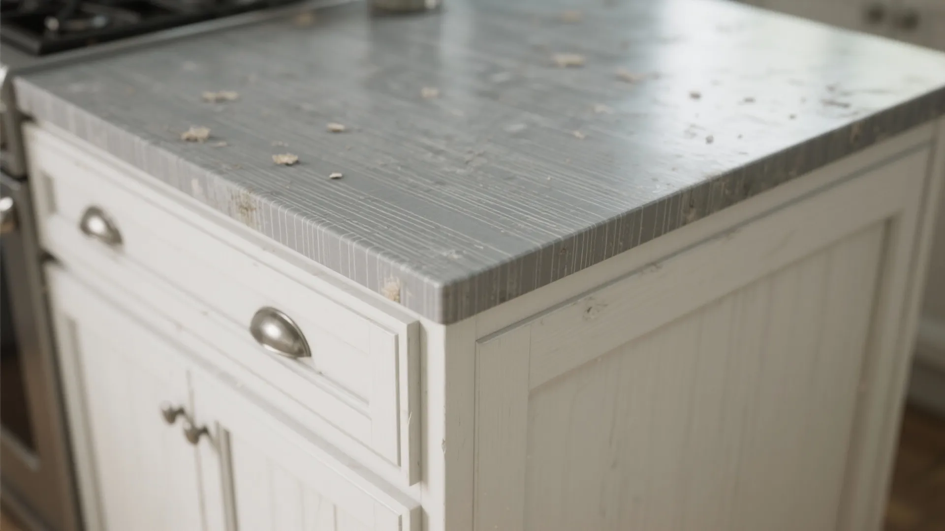 Close up view of textured grey kitchen counter top with white cabinet and silver metal handles
