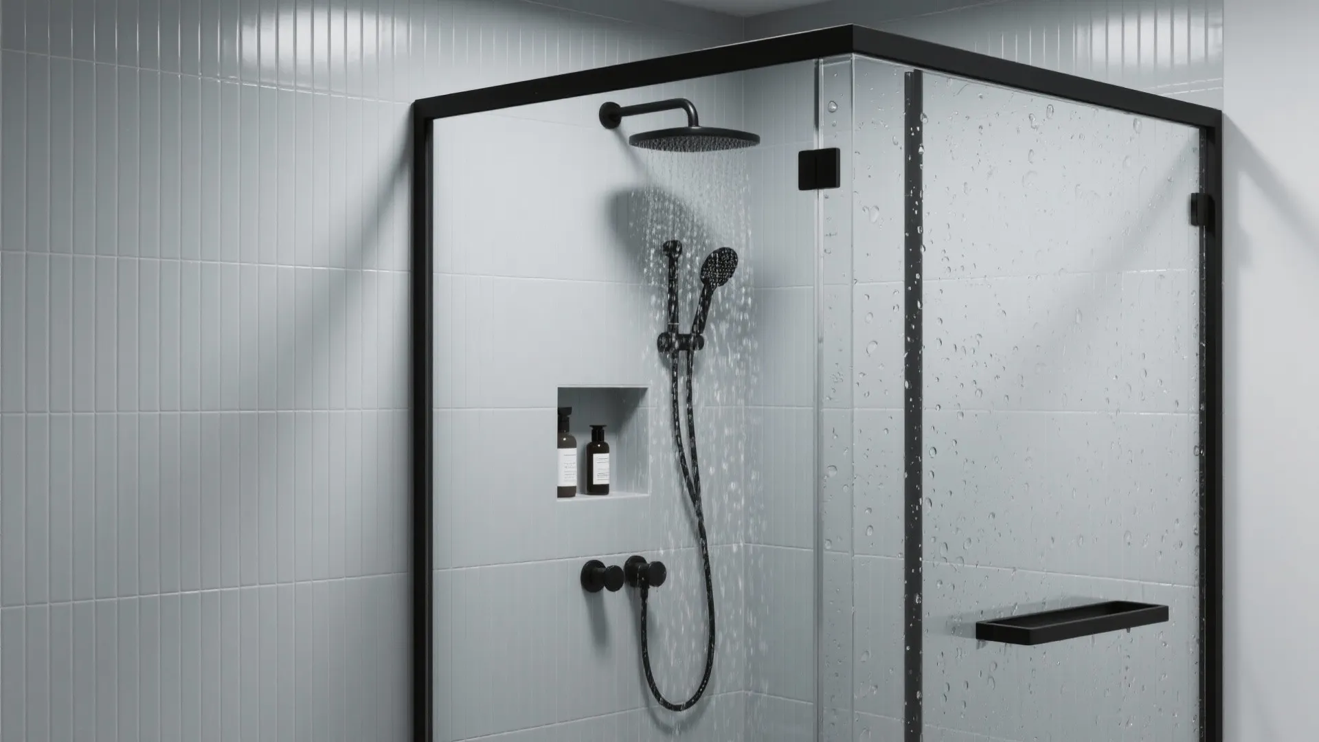 Modern glass shower with black frame plus black shower head and white vertical wall tiles
