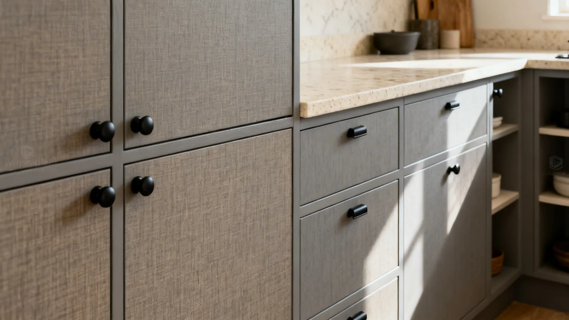 Close up of grey textured kitchen cabinets with black handles and a light stone countertop