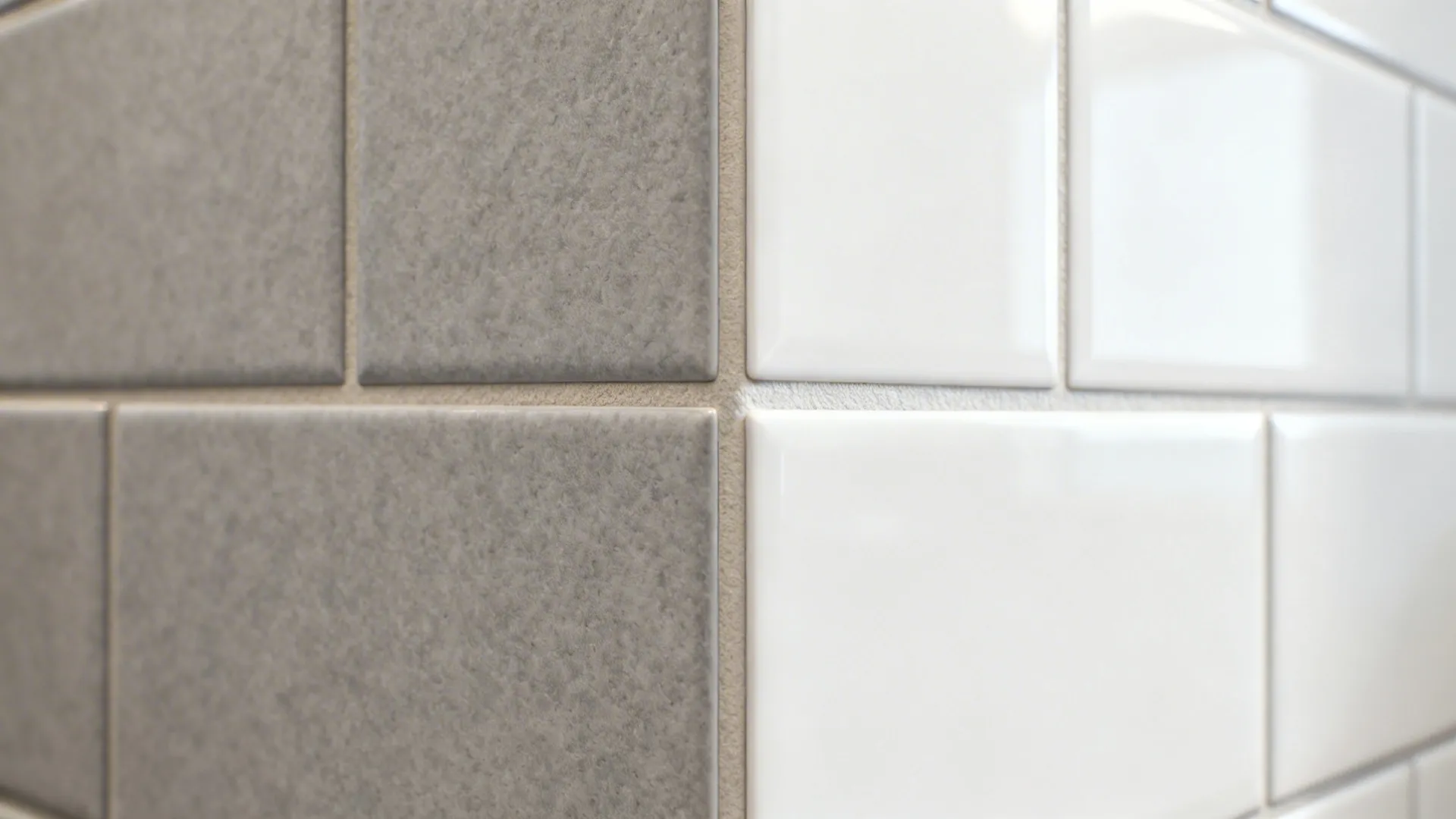 Close-up of soft grey textured bathroom tiles with matched grout next to white tiles.