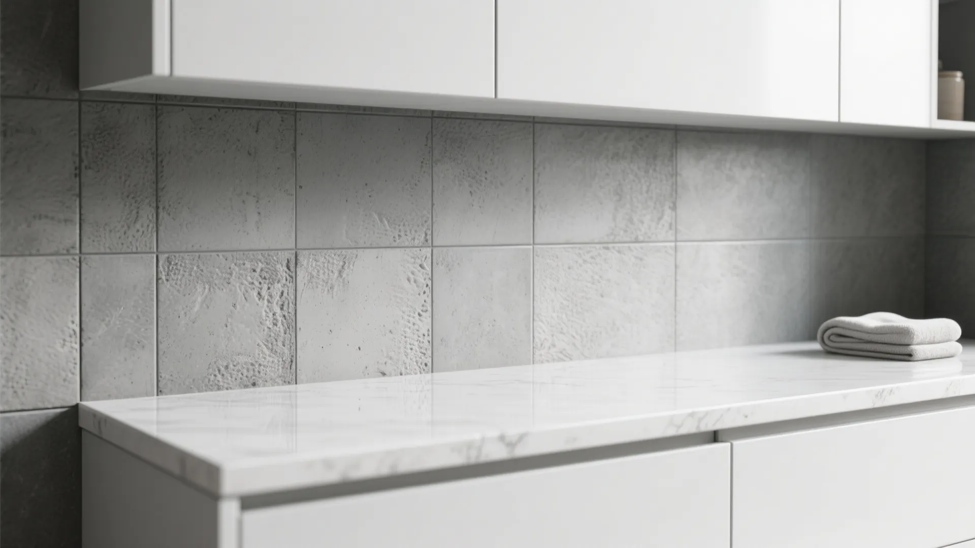 3. Mix textured greys with smooth white surfaces