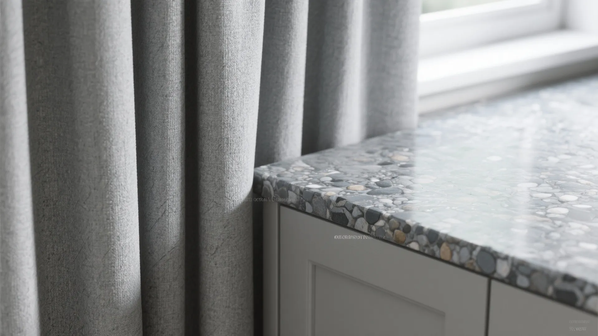 Close up of grey curtain fabric next to a stone textured cabinet top and a window