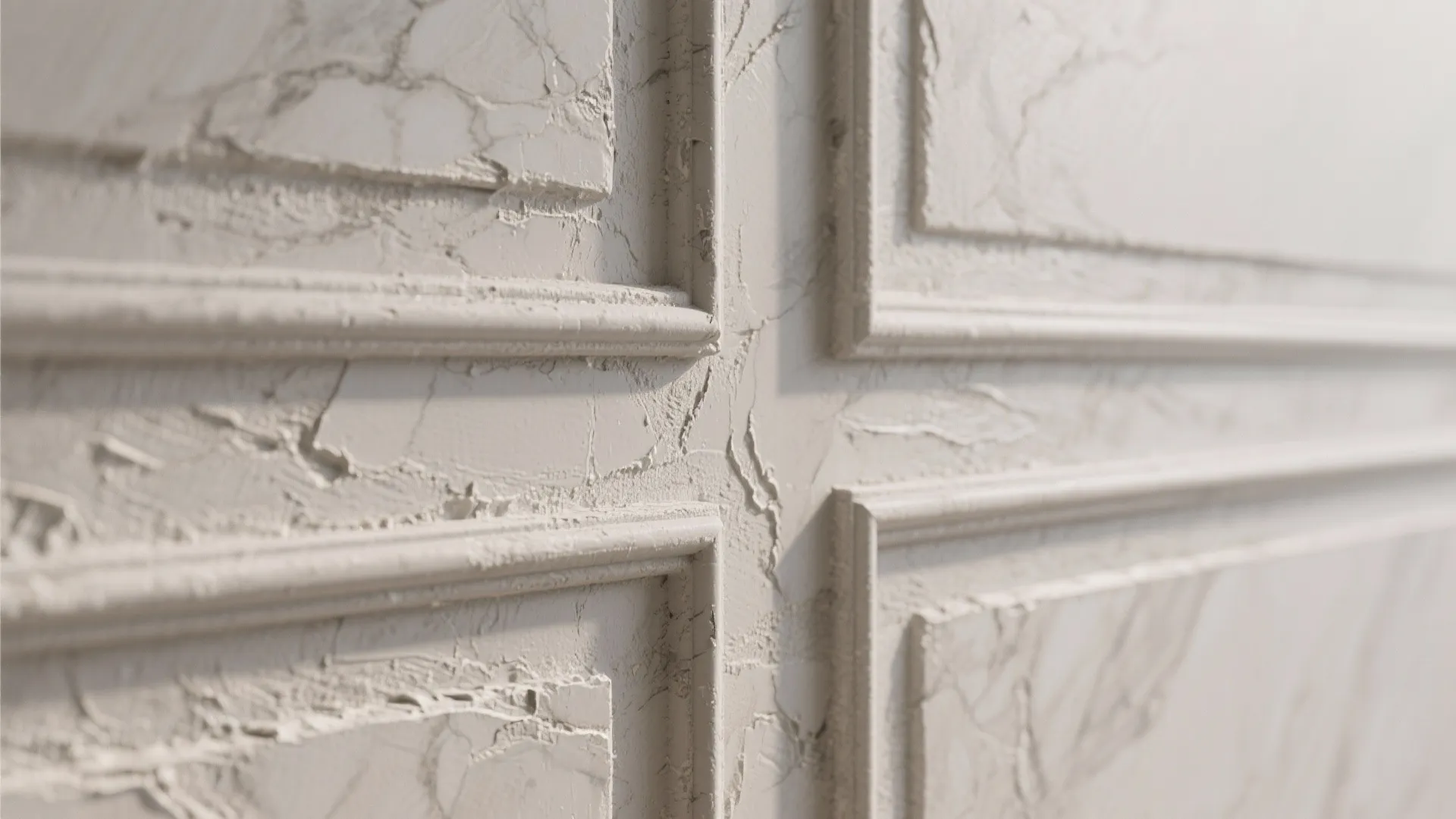 Close up of white textured wall panel with raised rectangular frames and rough plaster surface