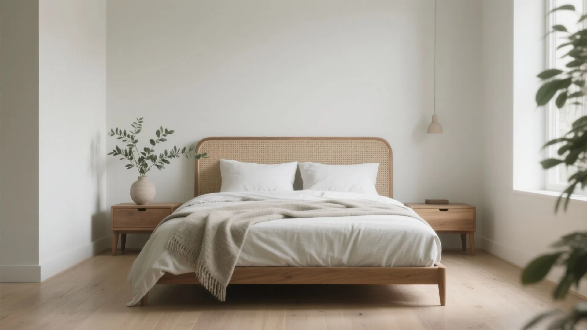 Minimalist bedroom with wooden bed, woven headboard, white bedding, plant in vase, and hanging light