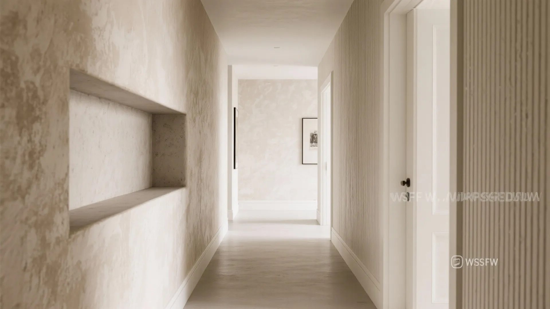 Minimalist cream hallway with textured walls wall niche white doors and art at the end