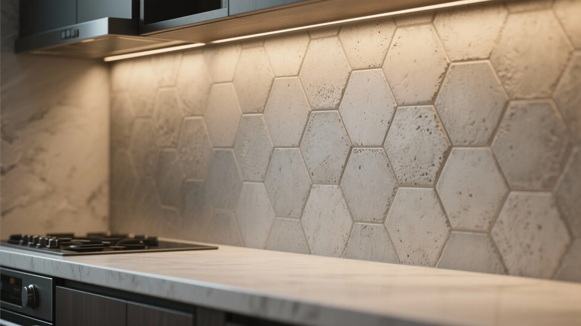 Modern kitchen with textured hexagon wall tiles behind white marble countertop and black stove cooktop