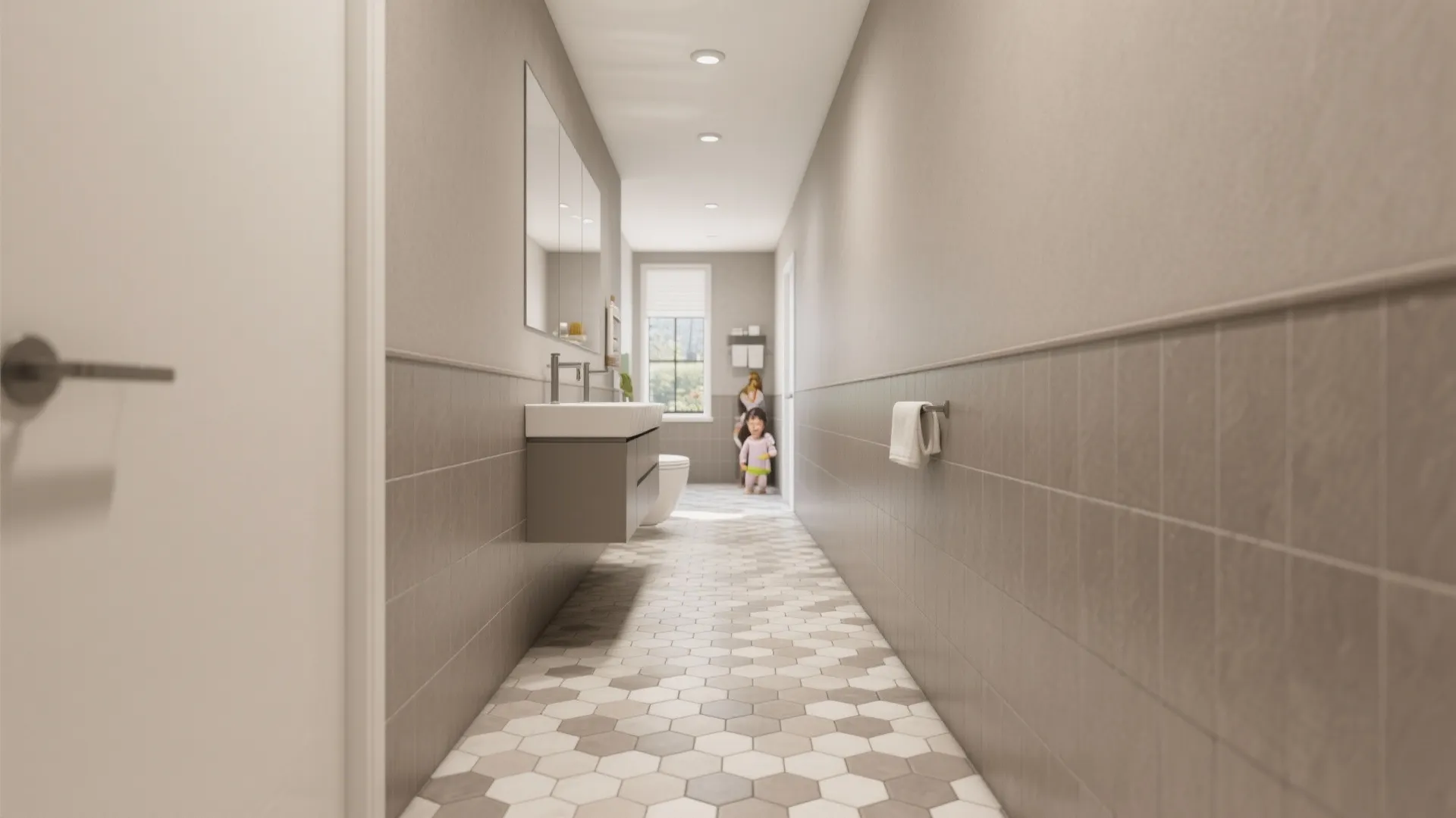 Long narrow bathroom with grey six sided floor tiles floating sink mirror and a window