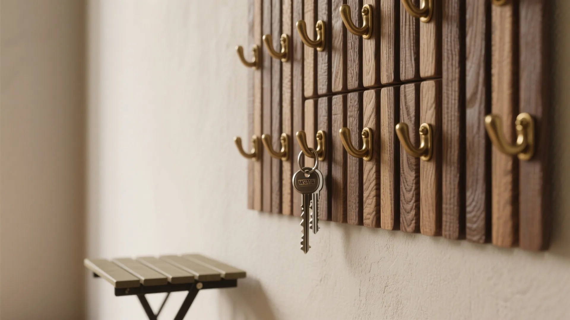 Wooden wall panel with several gold hooks and silver keys hanging in a bright room