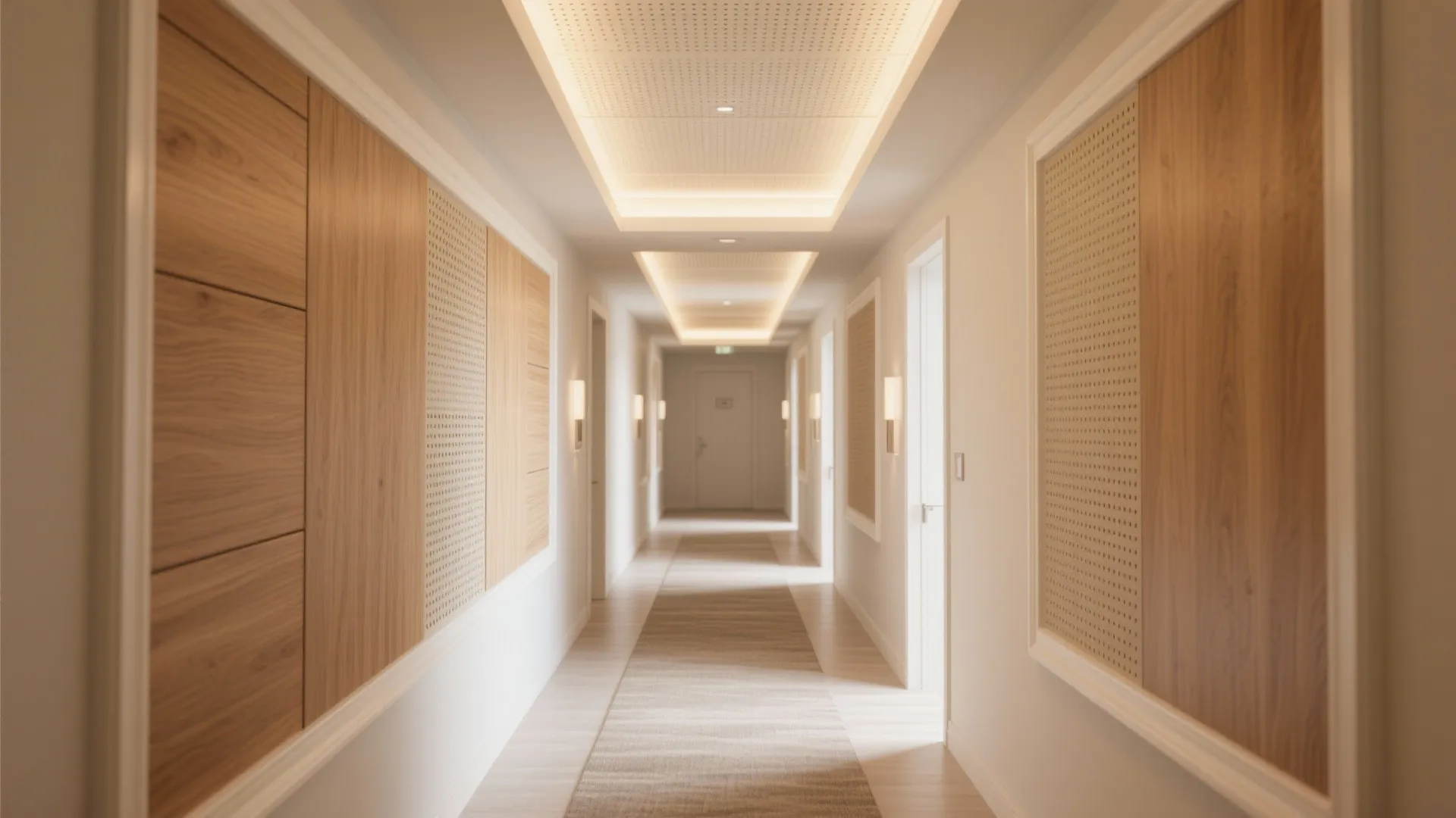 Hall with POP ceiling frames and light oak-look textured inlays for warmth and acoustics.