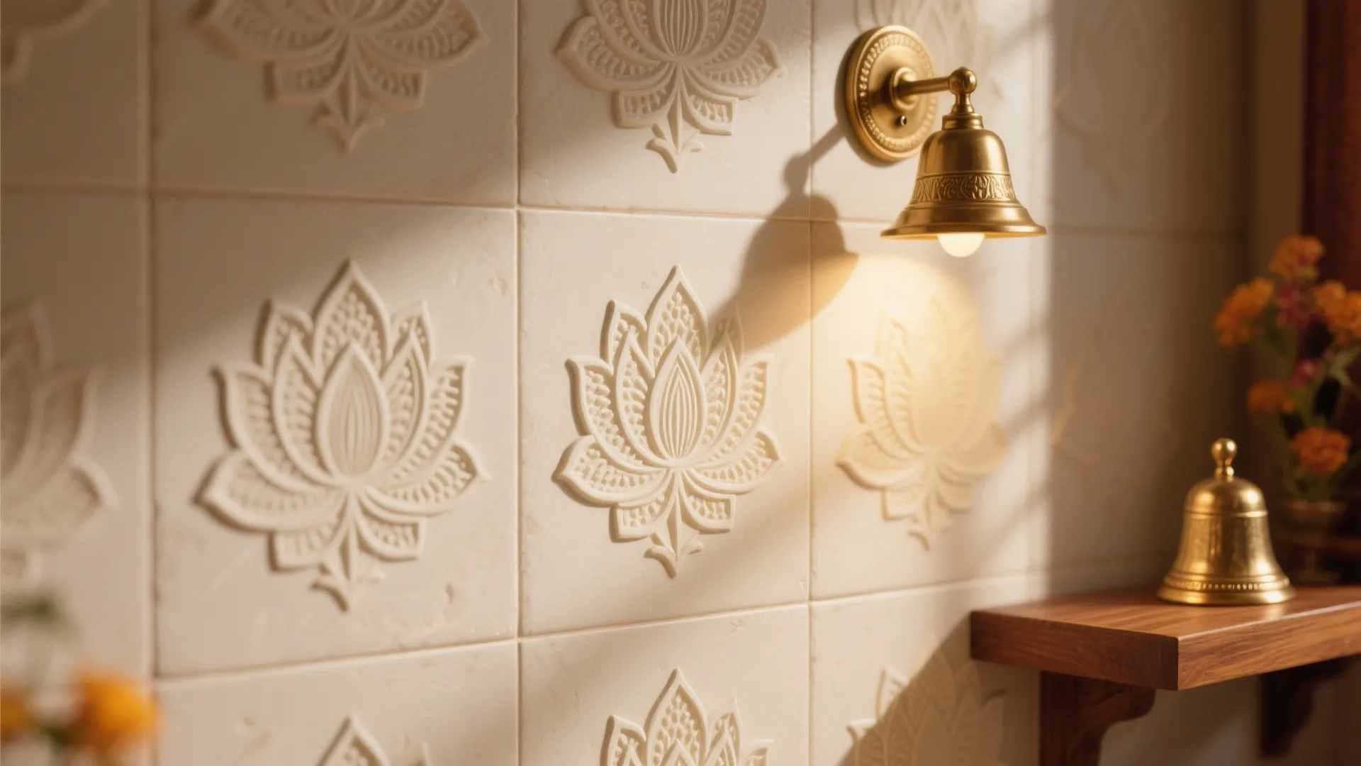 Macro of textured ivory tile with micro-embossed lotus motif lit by a warm brass sconce.