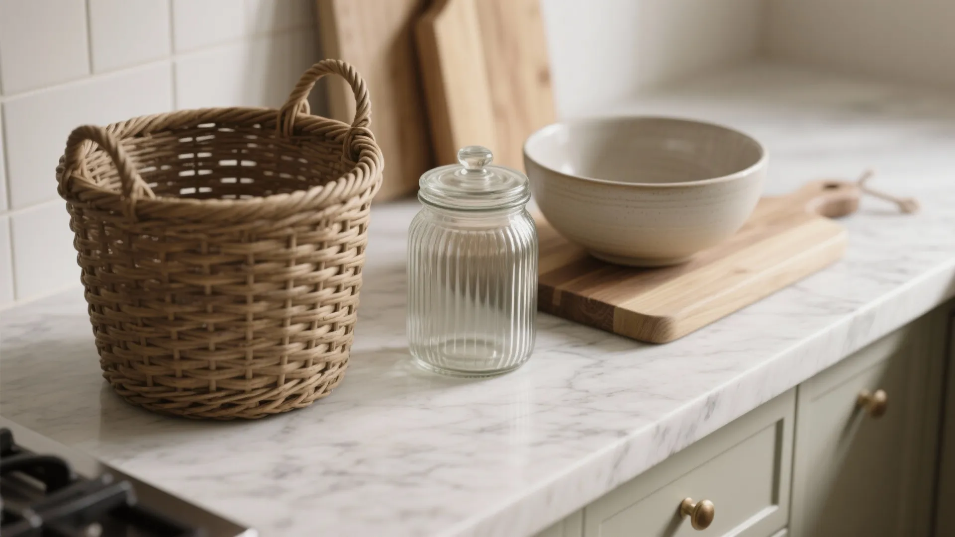 Kitchen marble countertop with woven basket glass jar ceramic bowl and wooden cutting boards decoration style