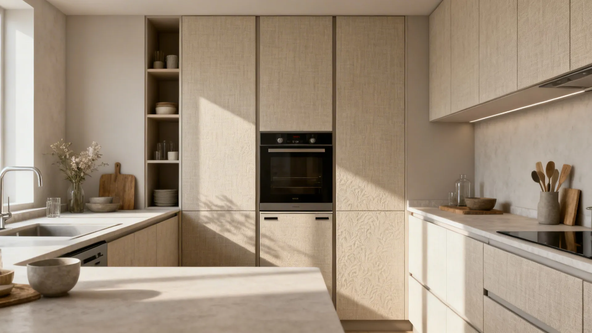 Minimalist kitchen with textured beige cabinets and a black oven under soft natural window light