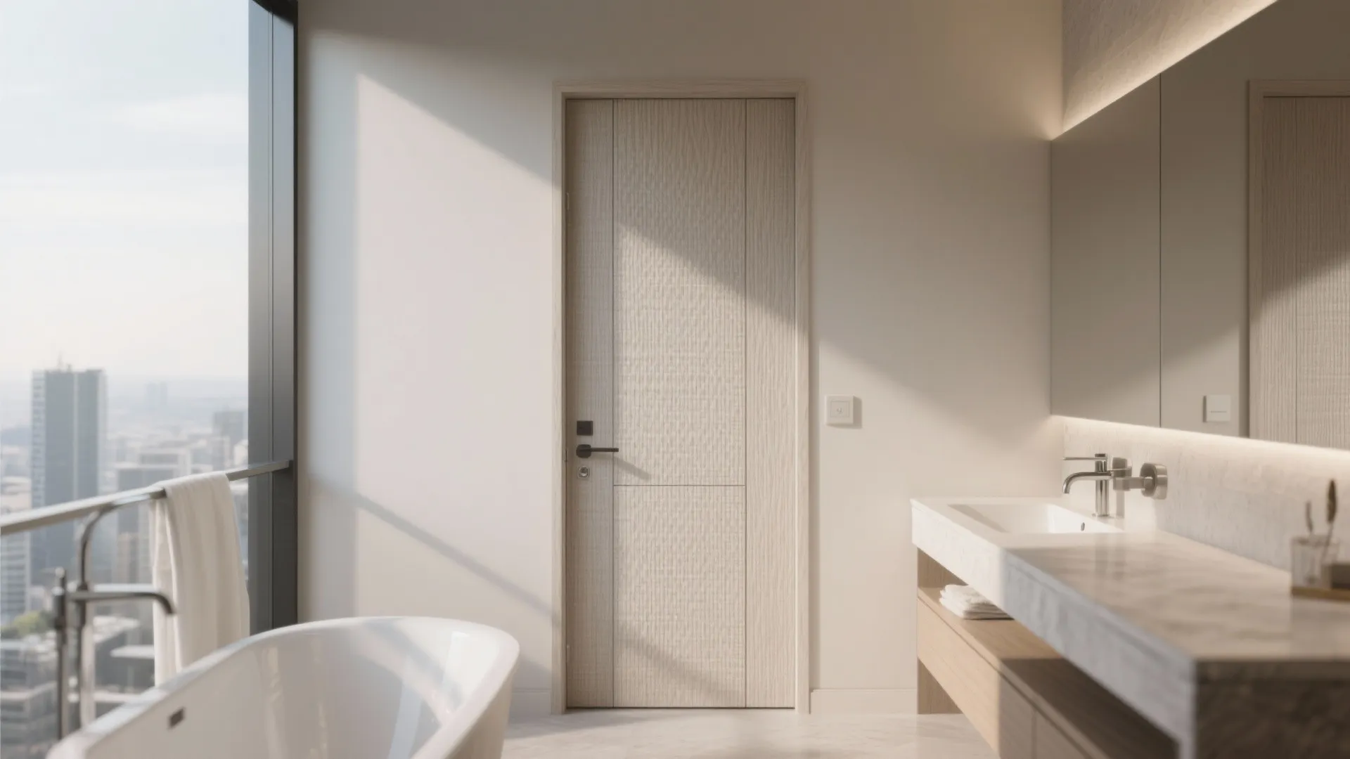 Modern bathroom interior with textured wood door near white bathtub and window showing city view