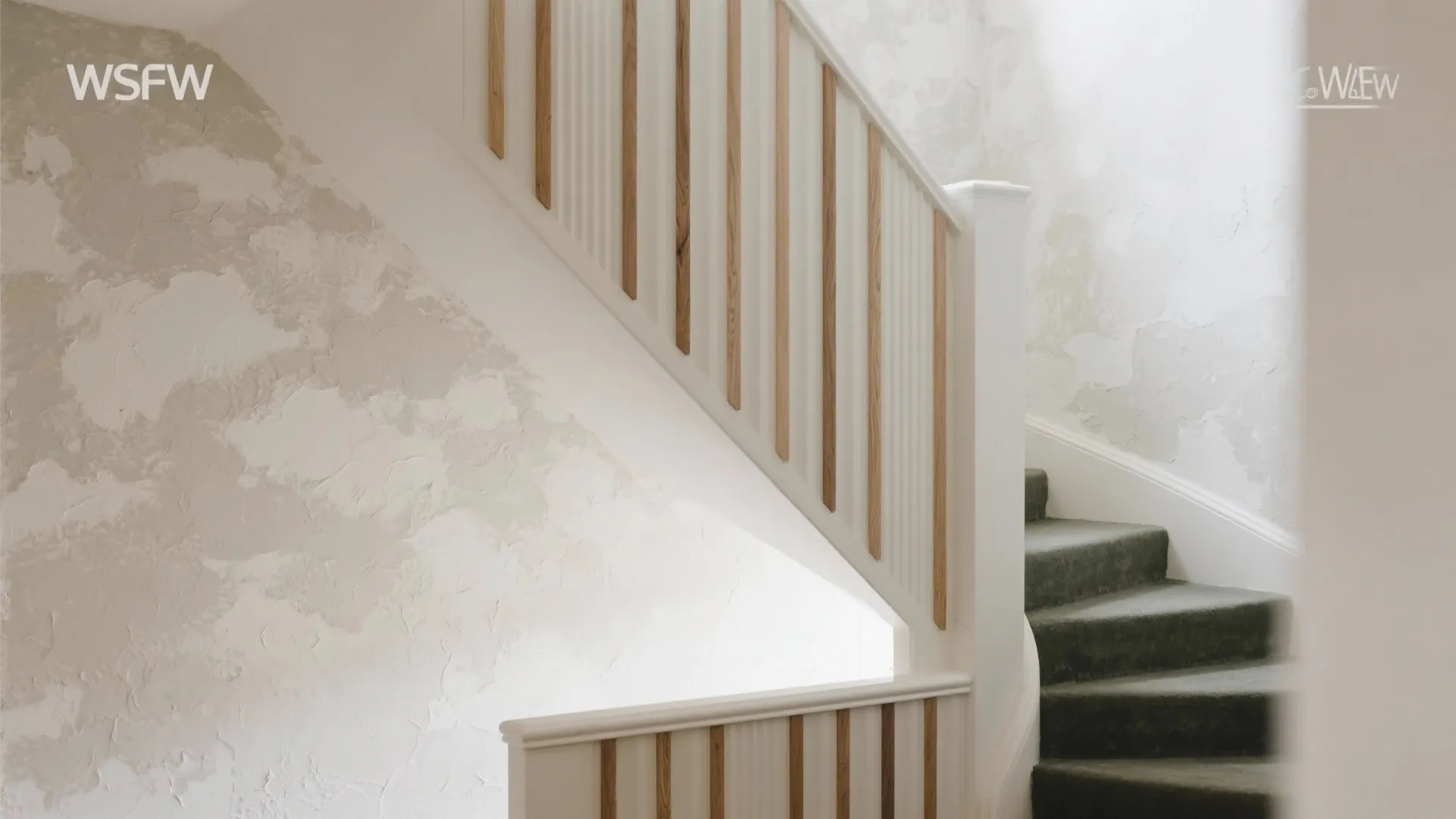 Close up of white wooden staircase railing with vertical wood slats and textured plaster wall