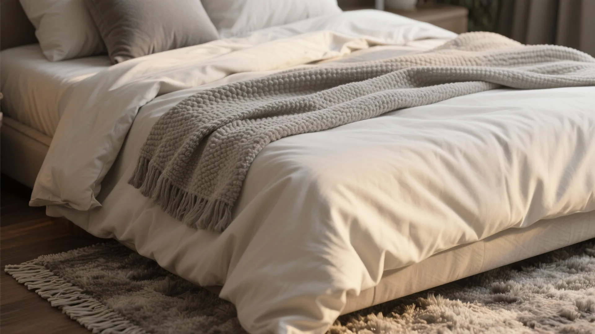 Close up of a bed with white bedding grey knit blanket and textured grey rug
