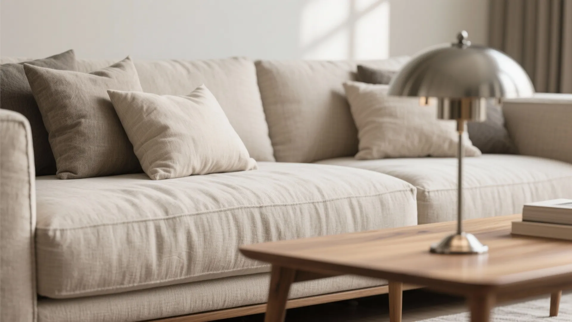 Close up of a beige fabric sofa with grey pillows and a metal table lamp