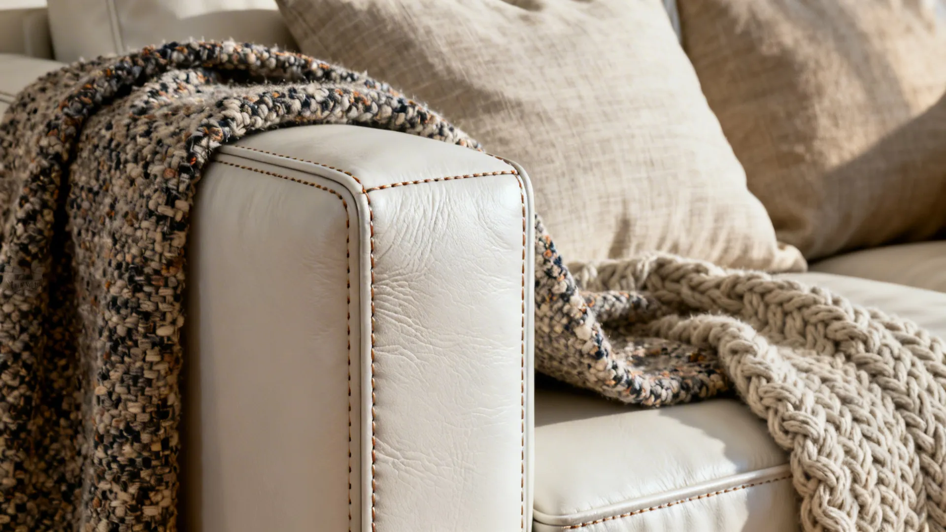 Close-up of a white leather sofa arm layered with boucle, linen, and chunky knit textiles.