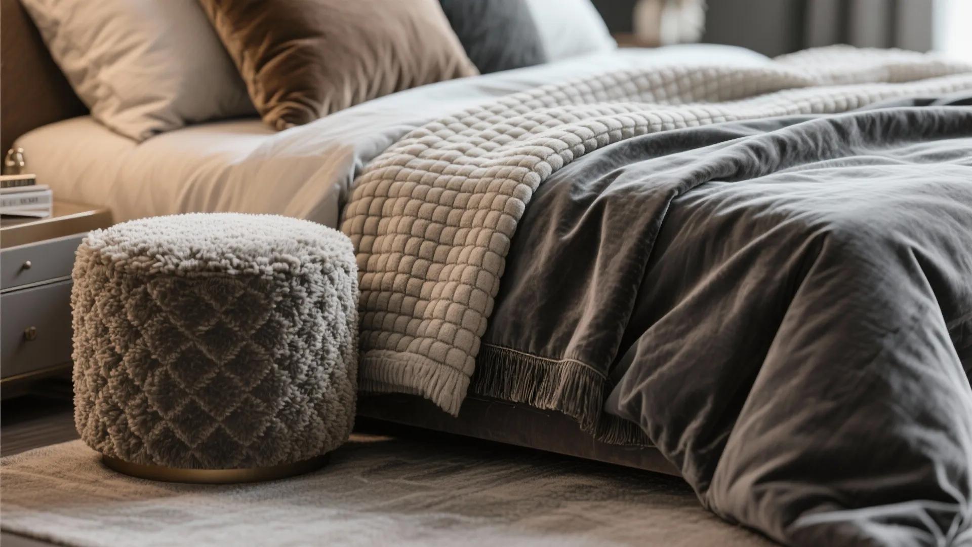 Close-up of layered waffle blanket, velvet cushions and boucle ottoman next to dark grey bedding.