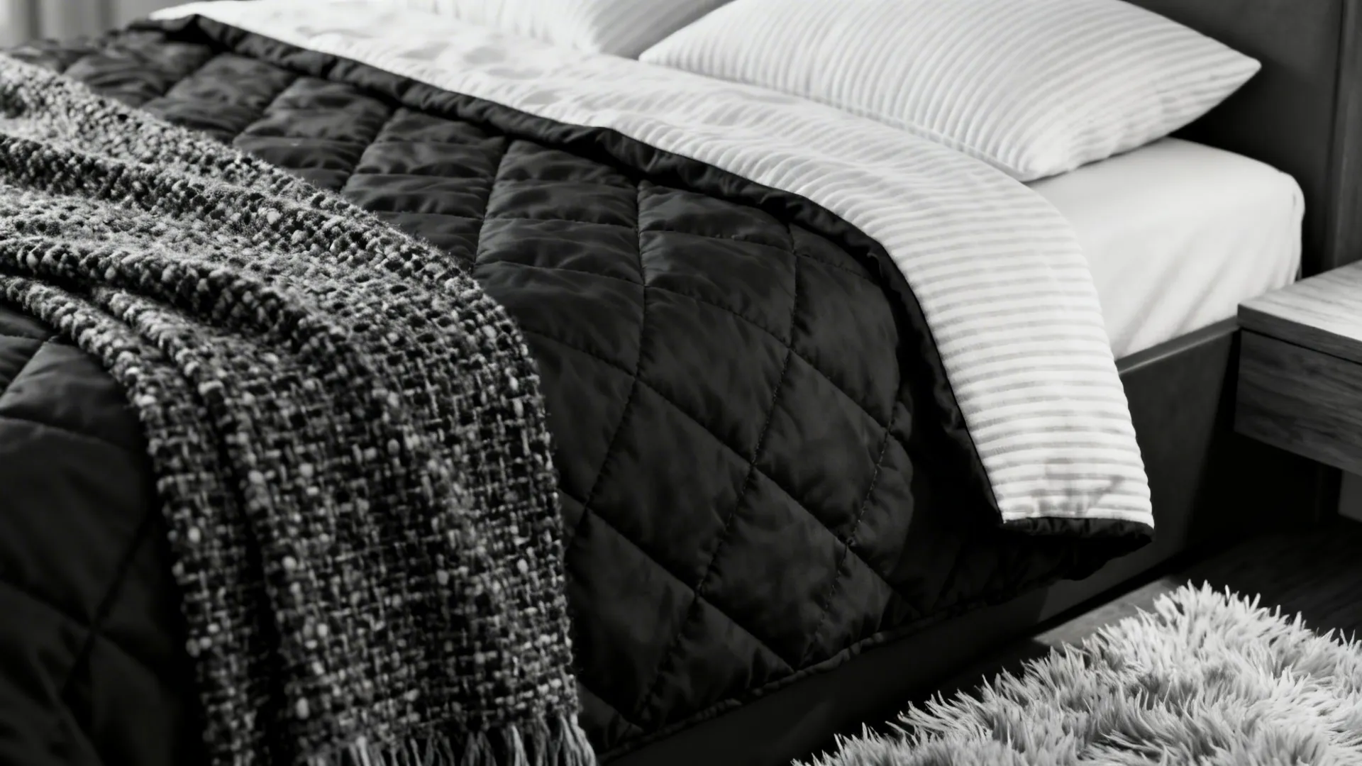 Close-up of quilted black linen duvet, boucle throw and ribbed white pillows creating soft texture in a monochrome bedroom.