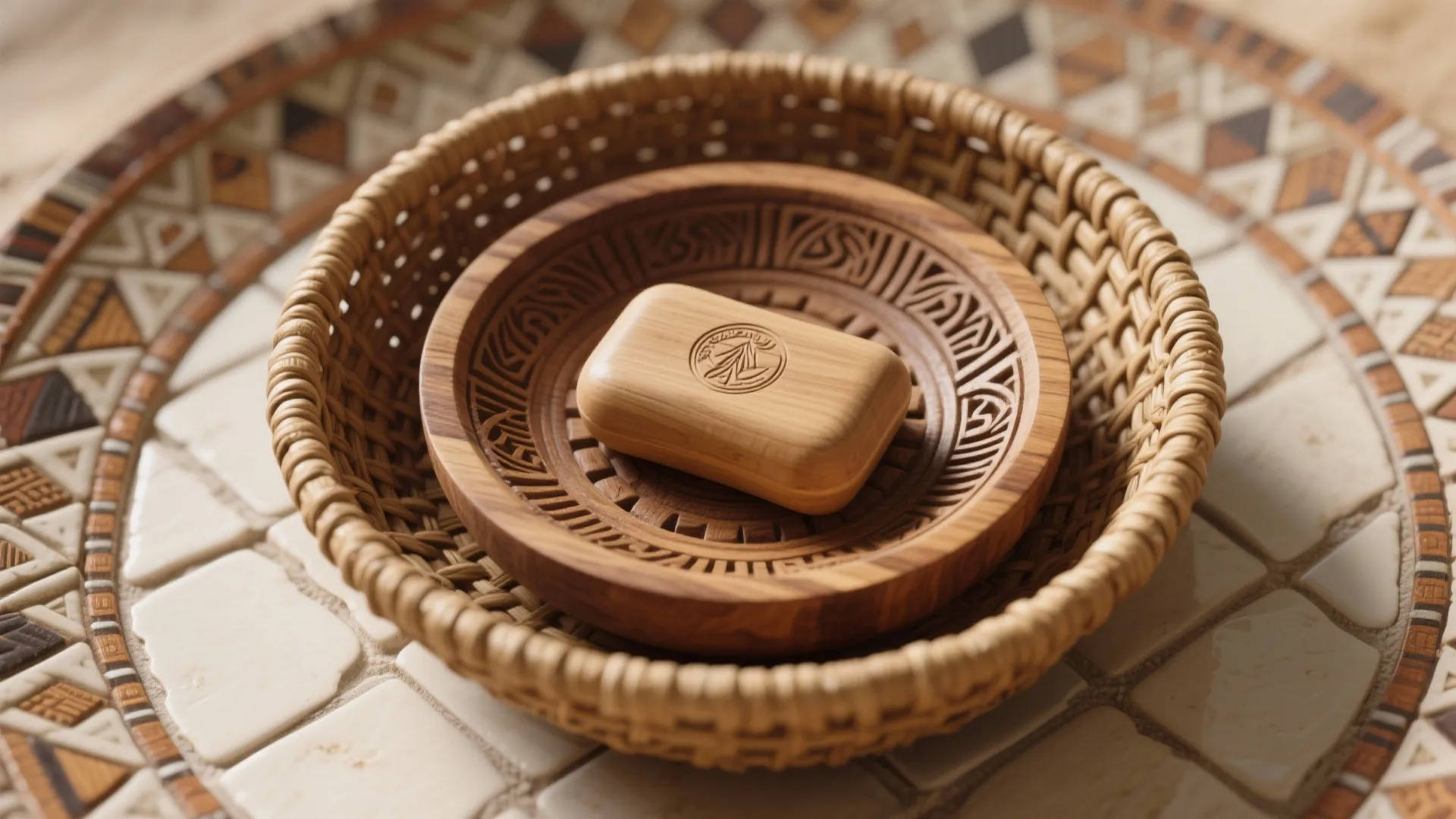 Close up of a wooden soap bar resting in small woven baskets on tile mosaic surface