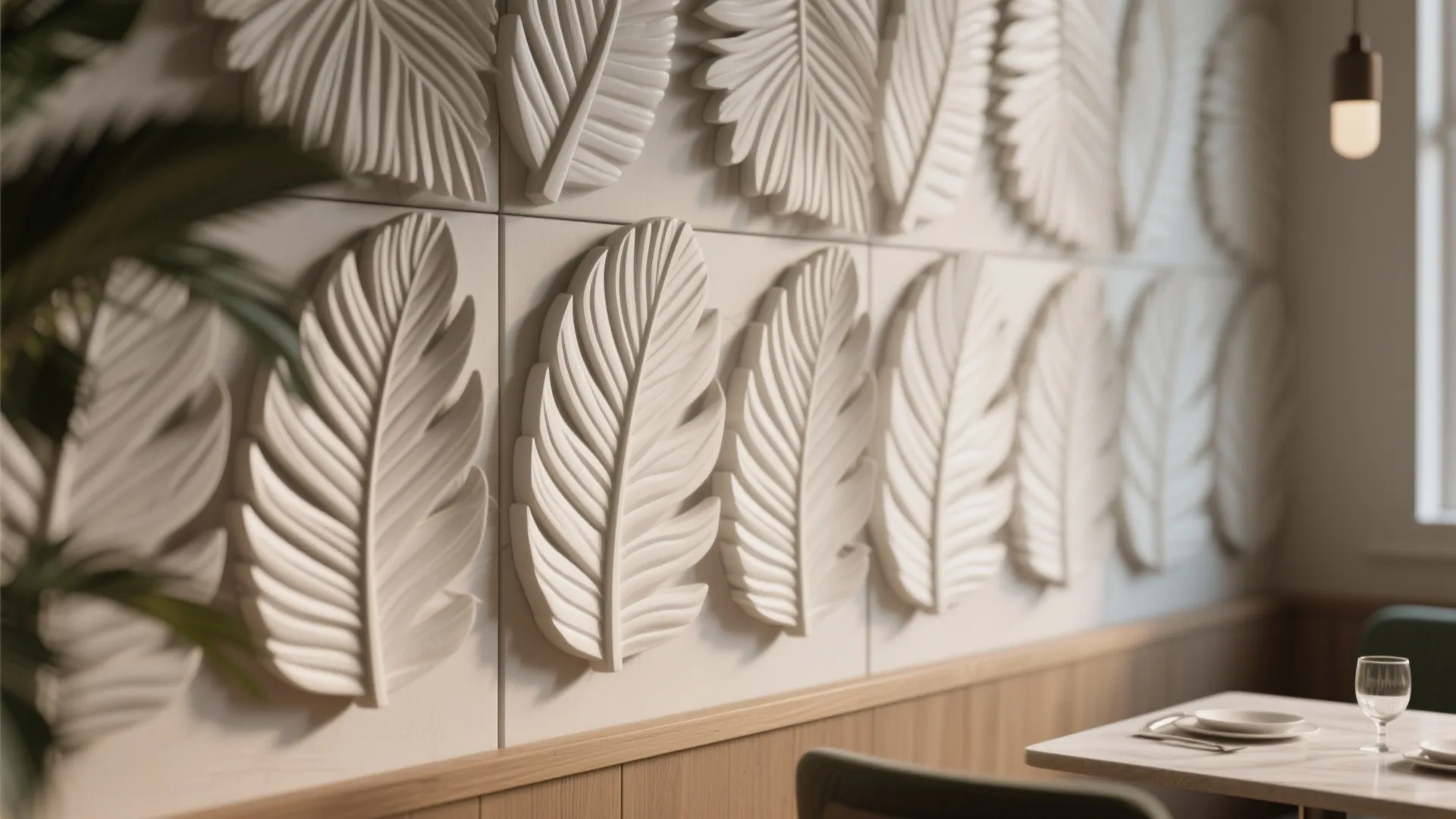 Restaurant wall featuring white 3D leaf shaped panels beside a table with plates and glasses