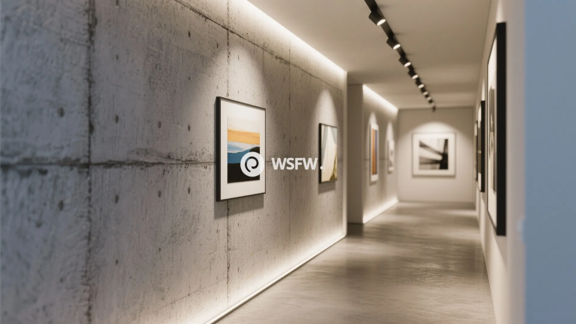 Modern hallway with concrete wall panels and hidden light strips reflecting on a polished floor
