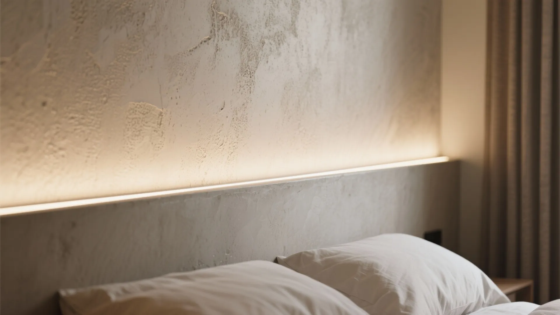 Modern bedroom with warm led light strip behind a grey textured wall above white pillows