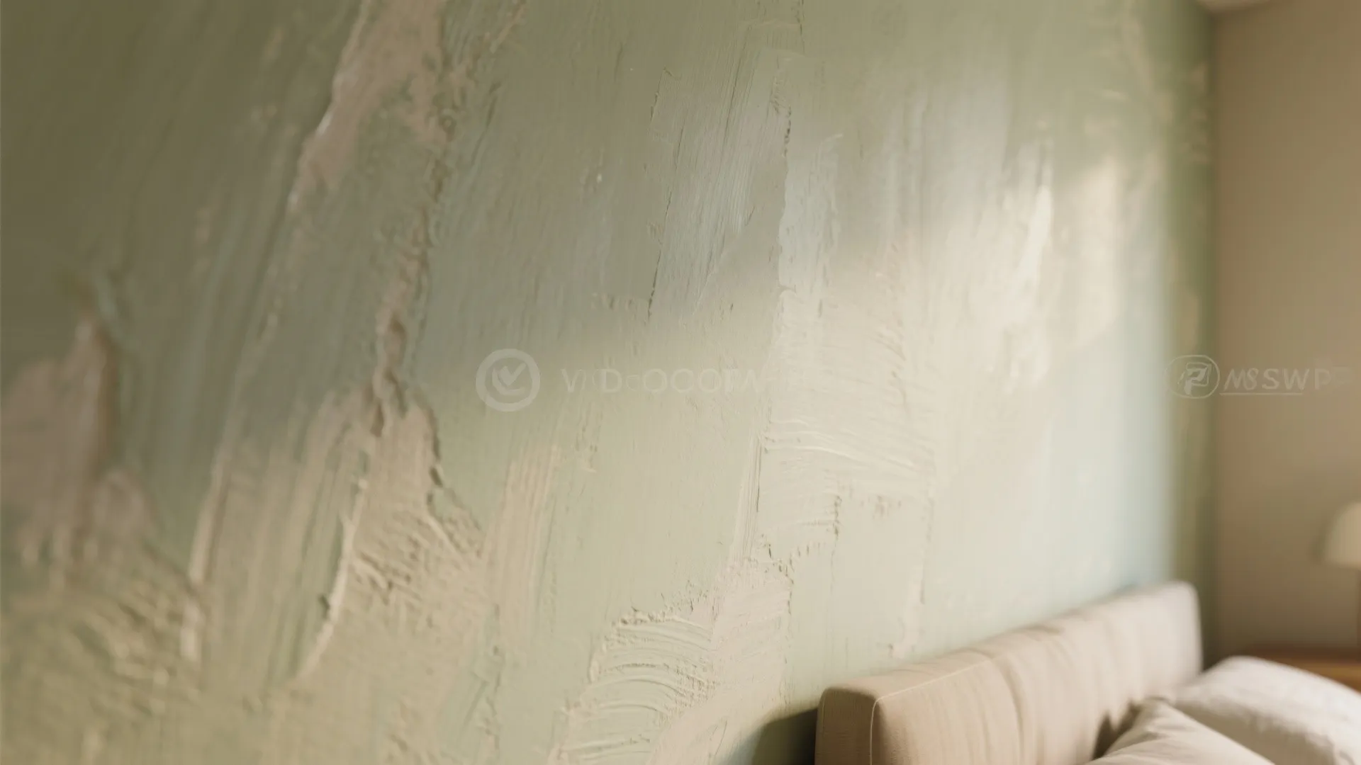 Close up of textured light green wall panel in bedroom with soft natural sunlight and bed