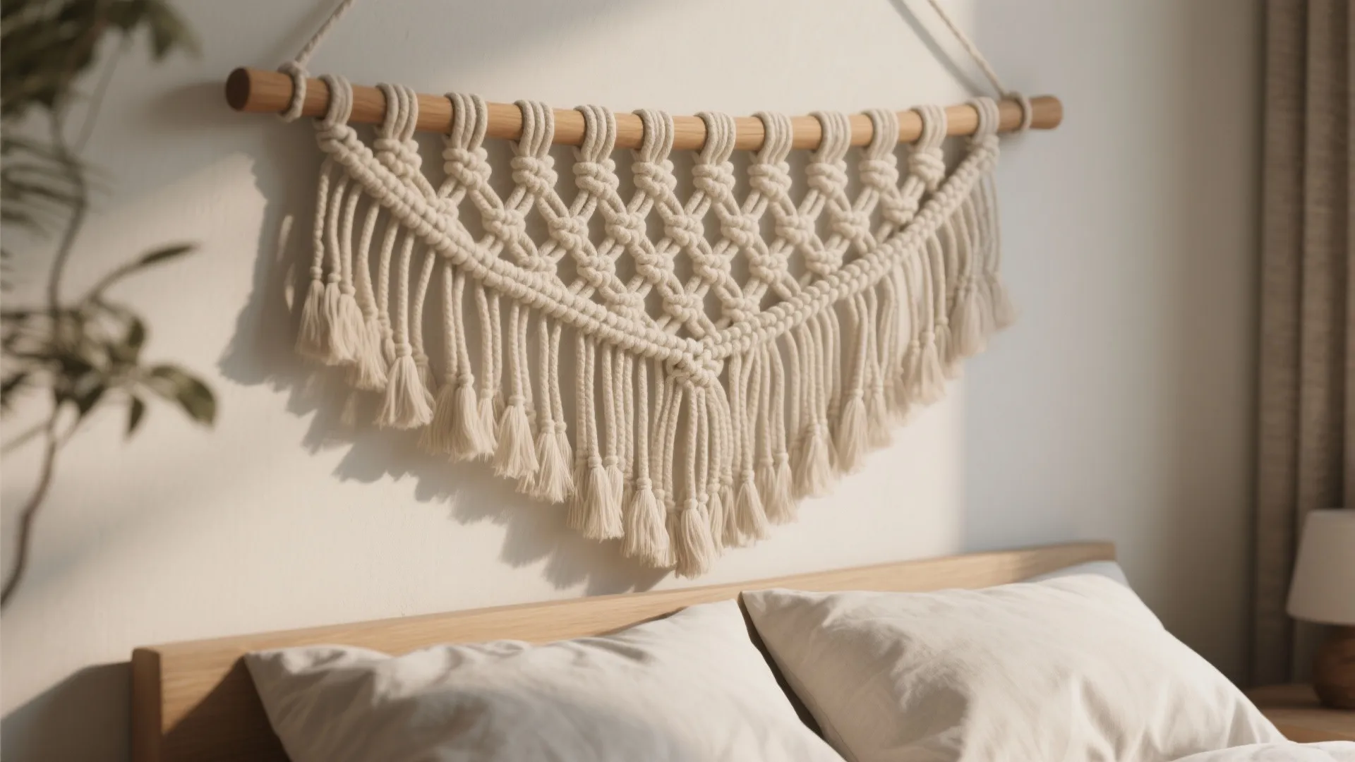 Handmade woven wall hanging decoration above a wooden bed with white pillows and natural light
