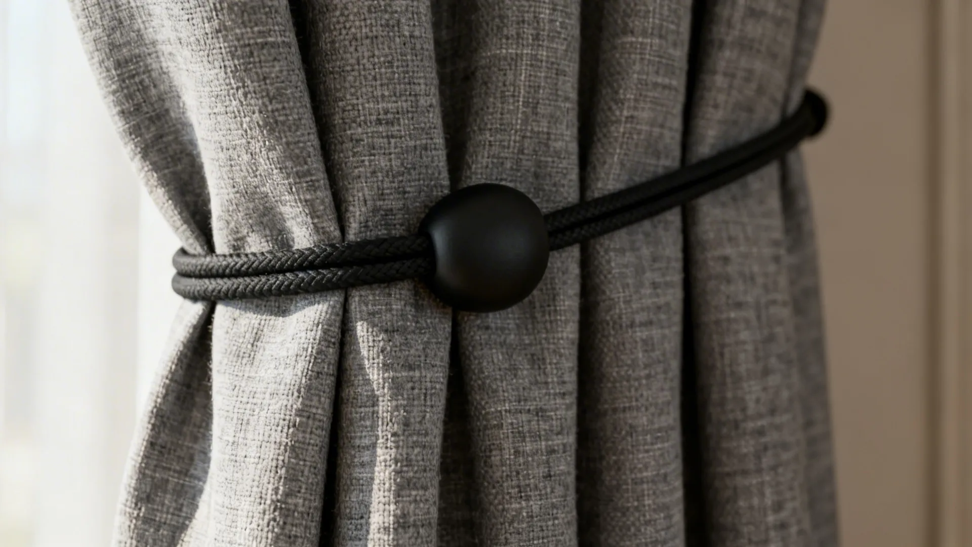 Grey textured curtain fabric held by a black magnetic tieback rope with a round ball