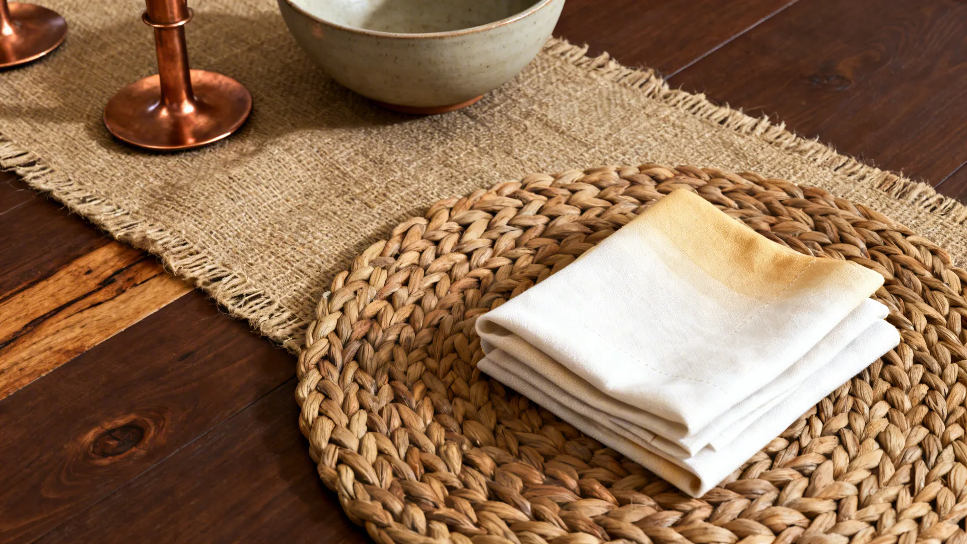 Top-down view of jute runner, woven placemats, linen napkins and copper candlesticks on a dark wood table.
