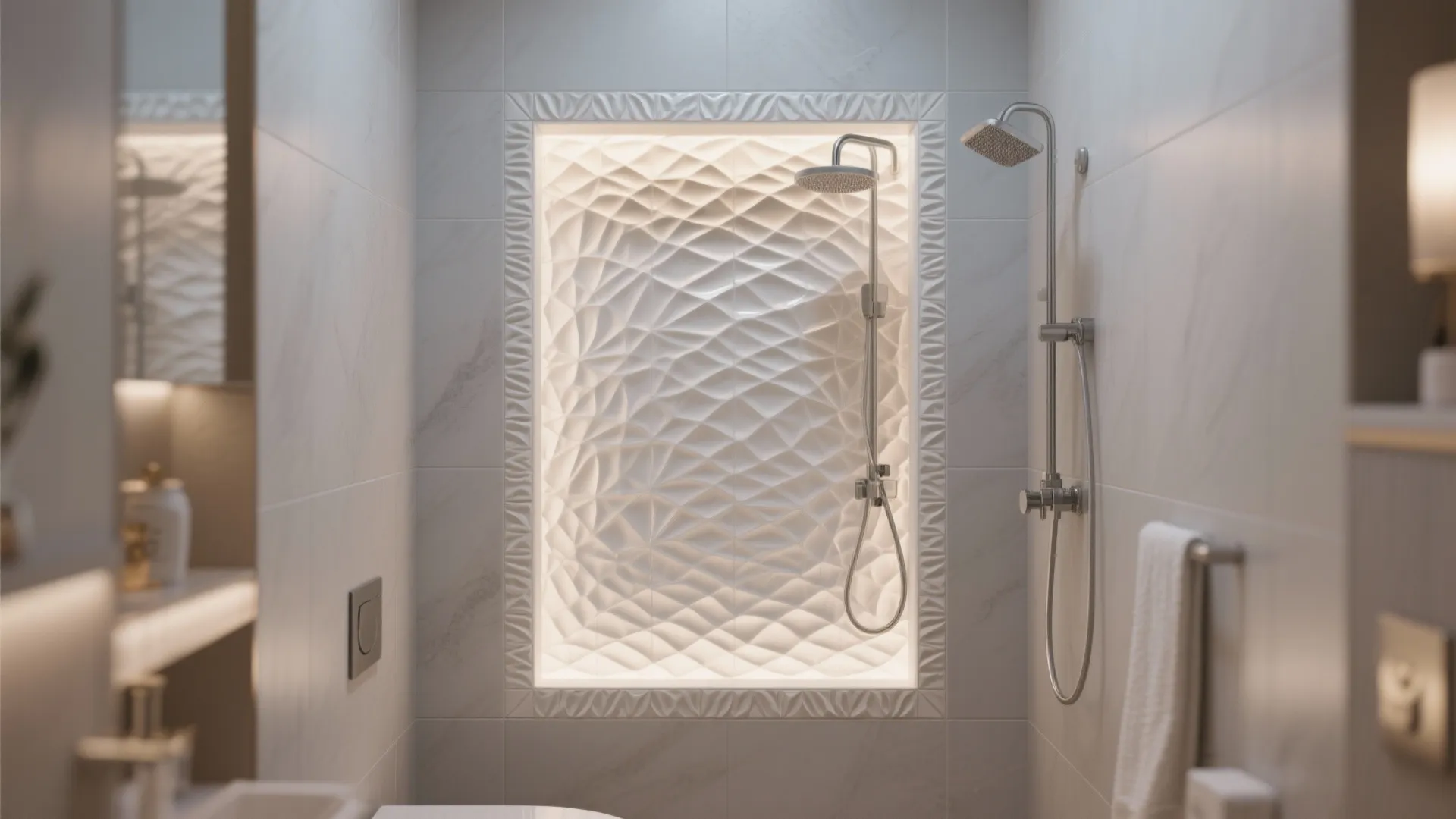 Shower niche outlined with 3D-textured listello tiles