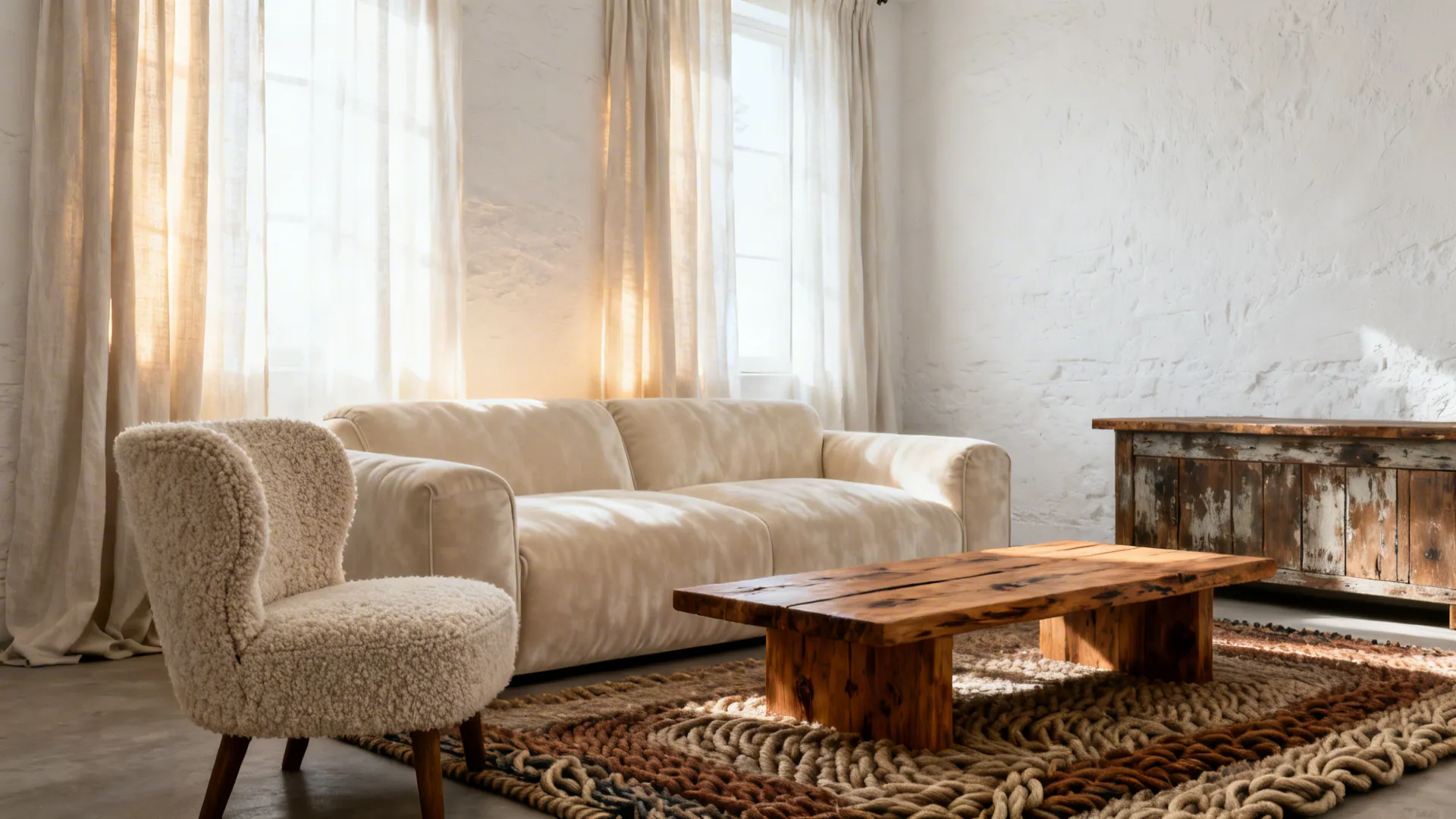 Living room showcasing boucle chair, linen curtains, wood table and knotted wool rug