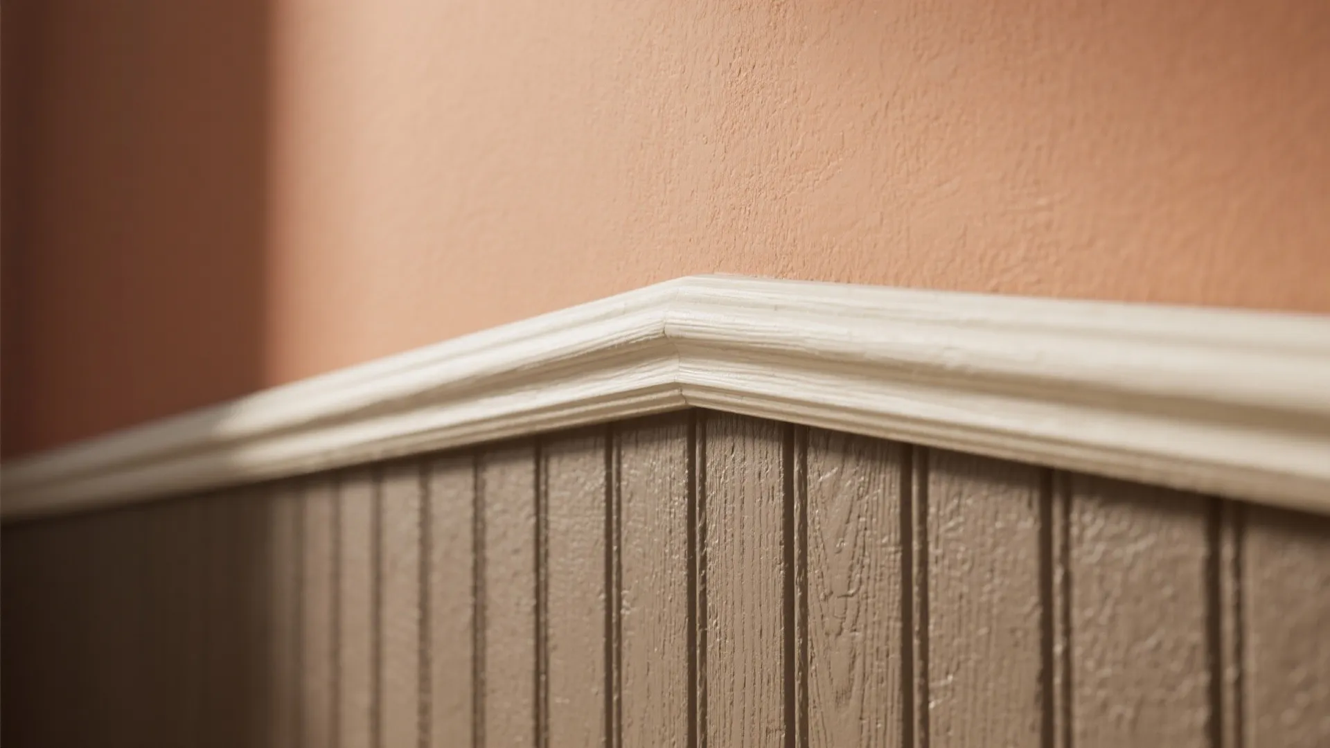 Macro detail of beadboard lower half meeting painted trim and a smooth upper wall, highlighting texture and join quality.