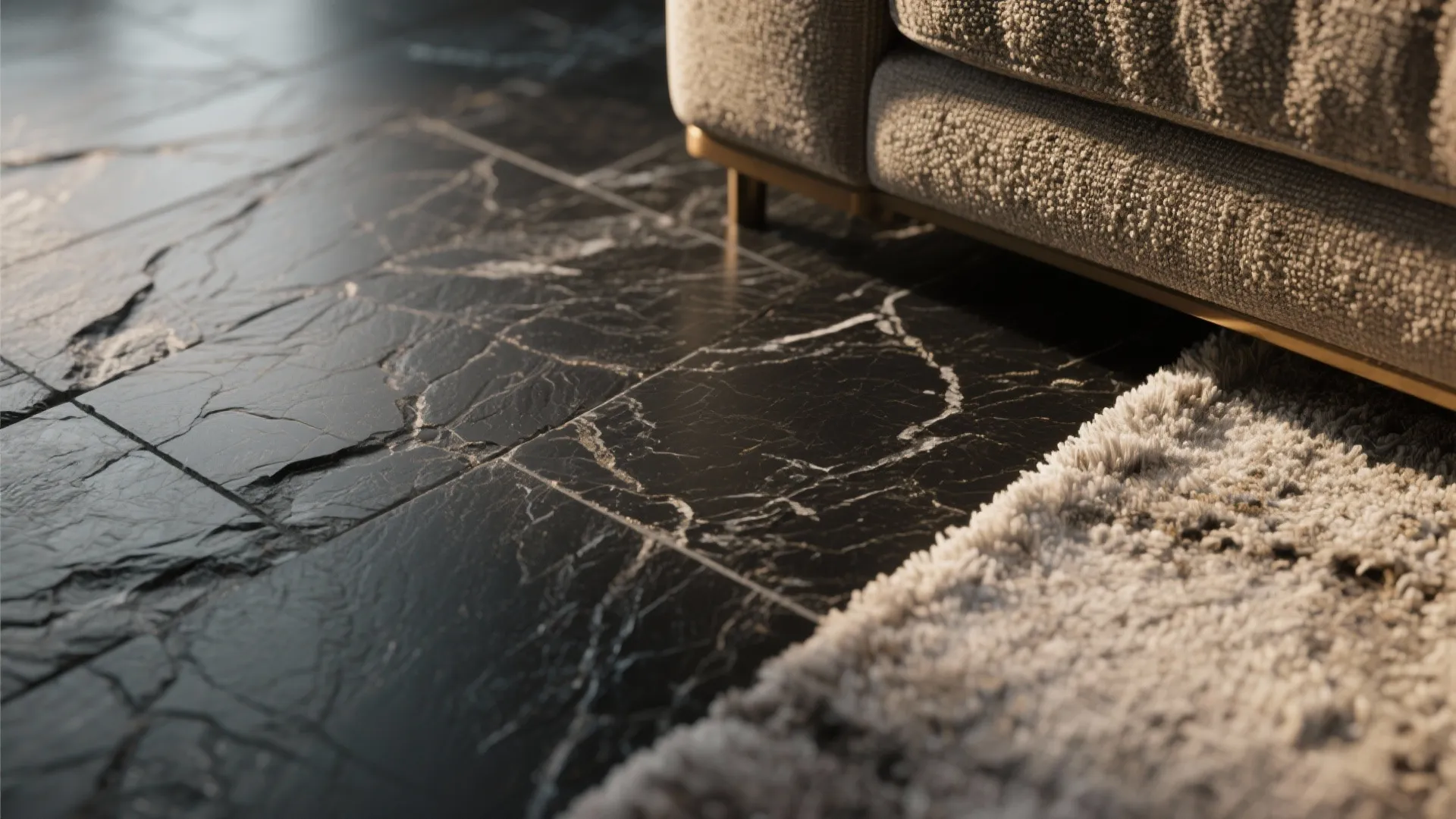 Close up view of black marble floor tiles next to a soft rug and sofa