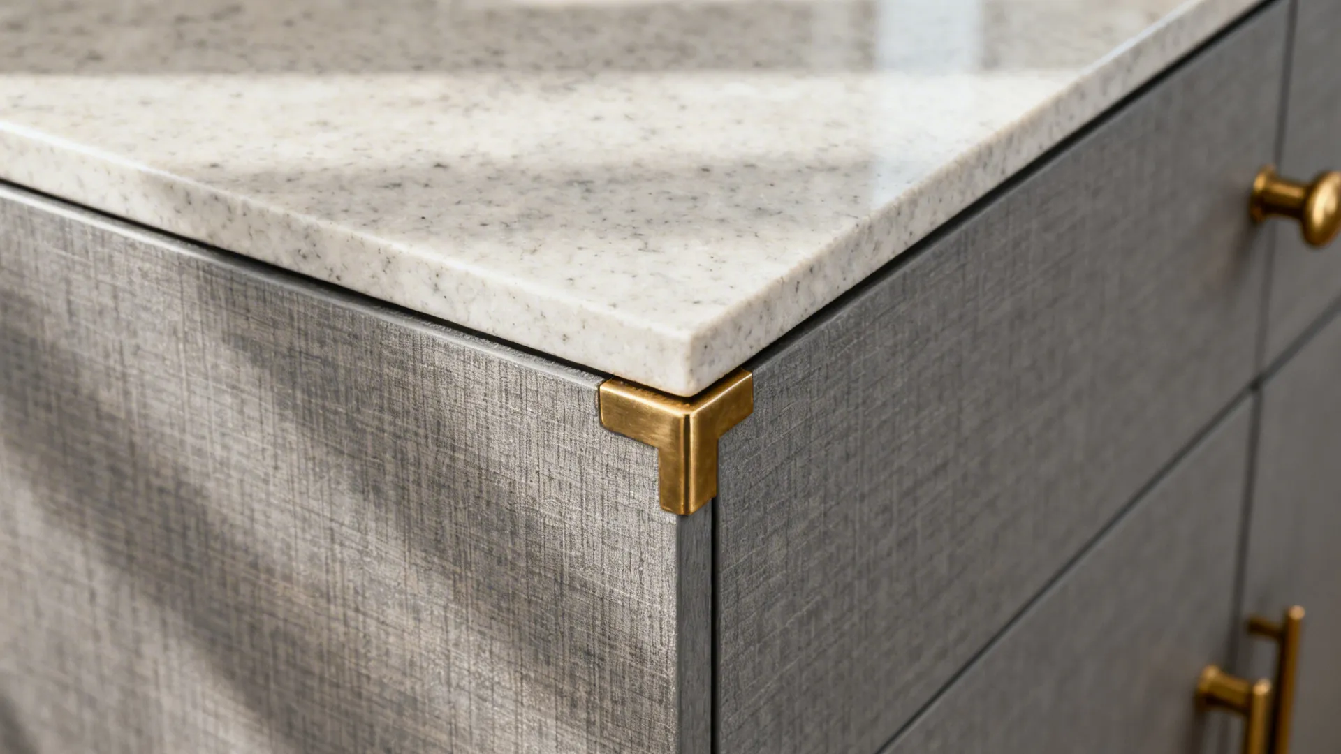 Close up of gray textured cabinet with white stone countertop and gold metal corner detail design